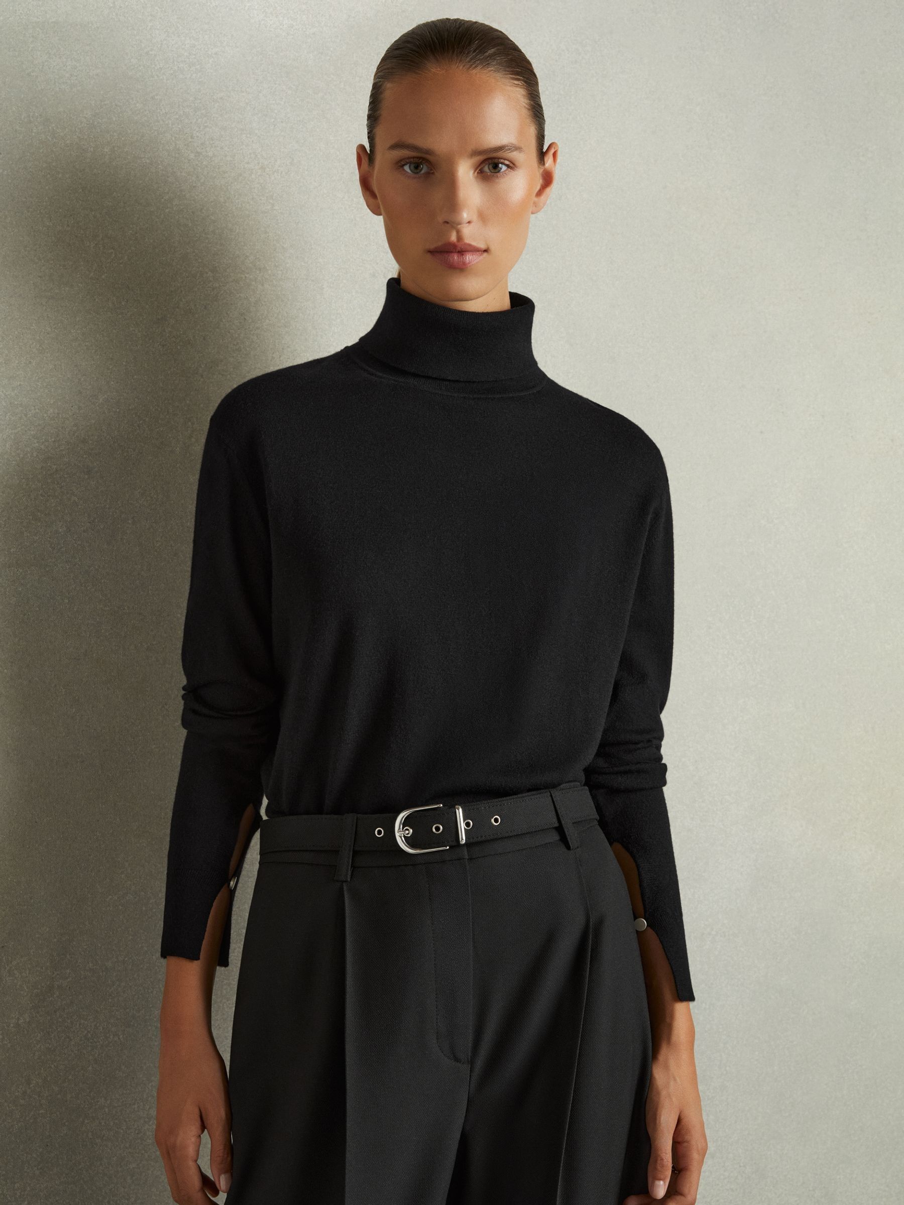 Merino Wool Roll Neck Jumper in Black - Image 3 of 6