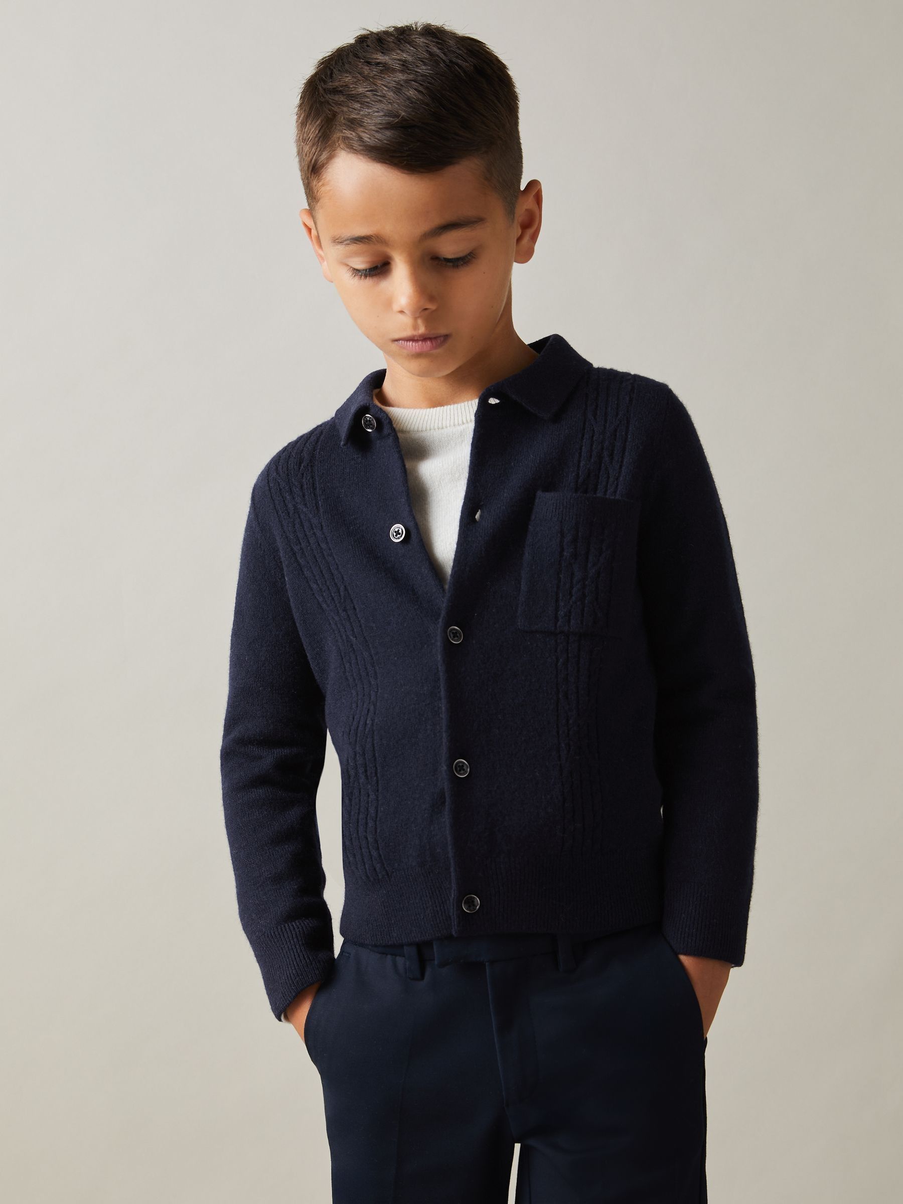 13-14 yrs Wool Cable Knit Cardigan in Navy - Image 2 of 4