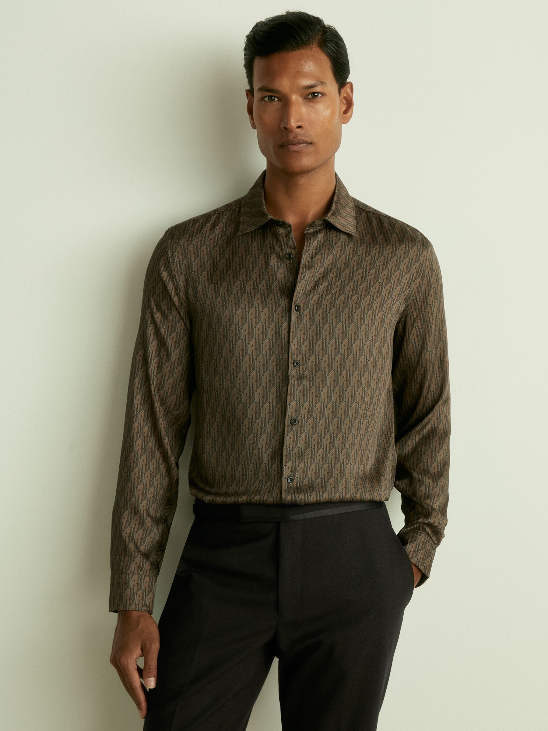 Monogram-Print Twill Shirt in Dark Brown - Image 1 of 6
