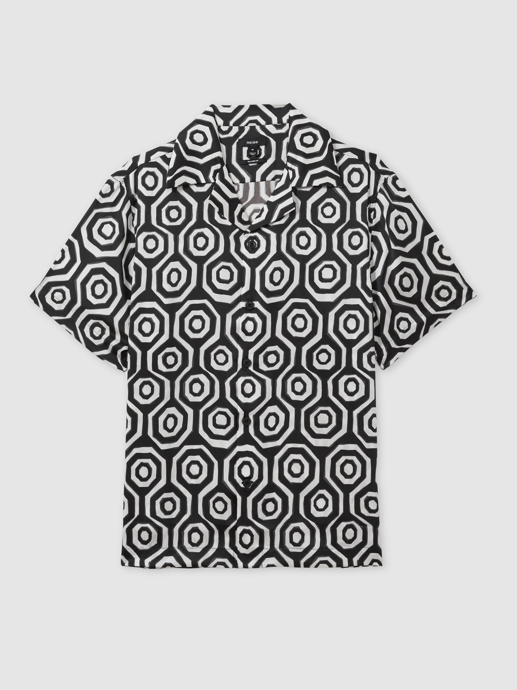 Geometric-Print Poplin Cuban-Collar Shirt in Black/White - Image 2 of 6
