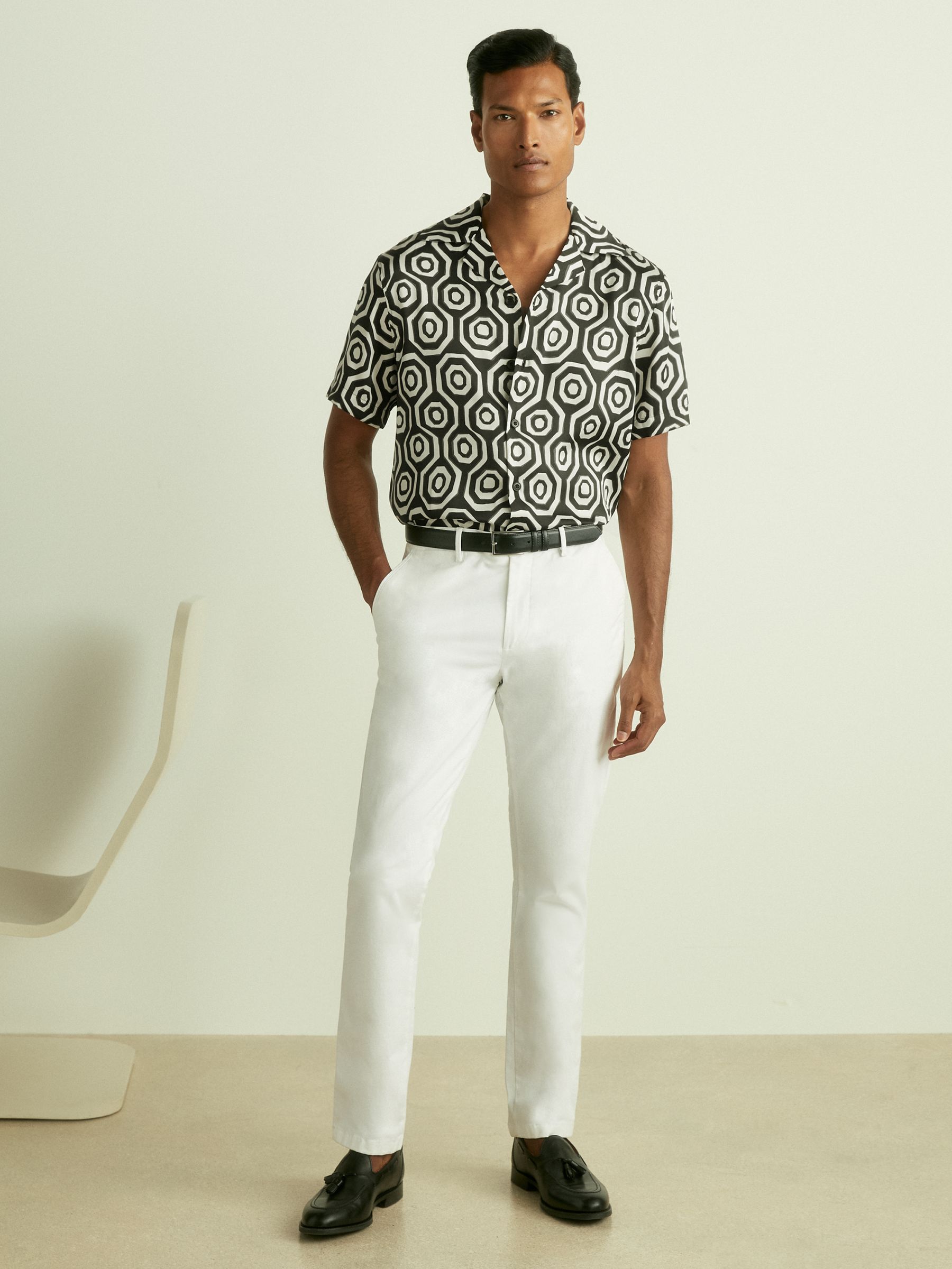 Geometric-Print Poplin Cuban-Collar Shirt in Black/White - Image 3 of 6