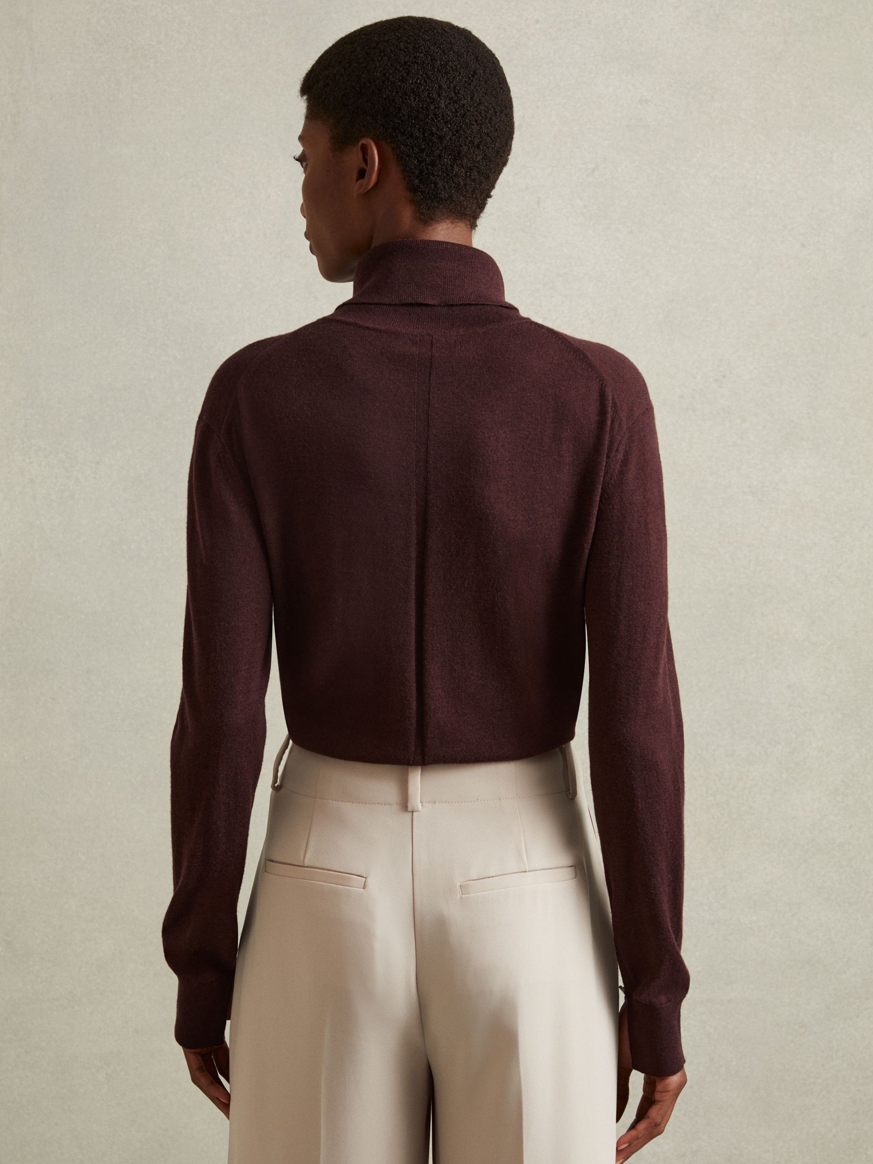 Merino Wool Roll Neck Jumper in Burgundy - Image 4 of 6