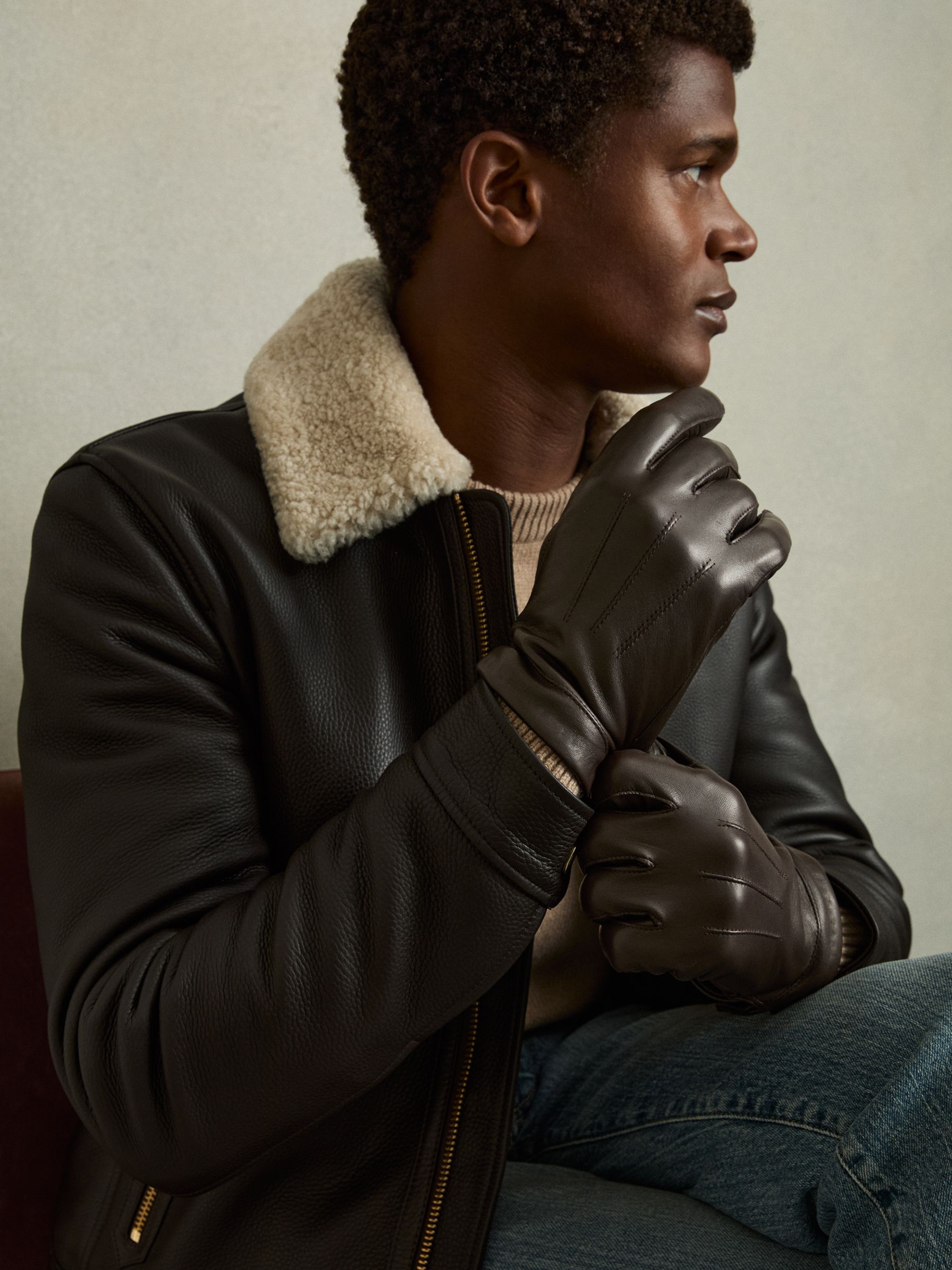 Wool and Cashmere Lined Leather Gloves in Dark Brown - Image 2 of 3