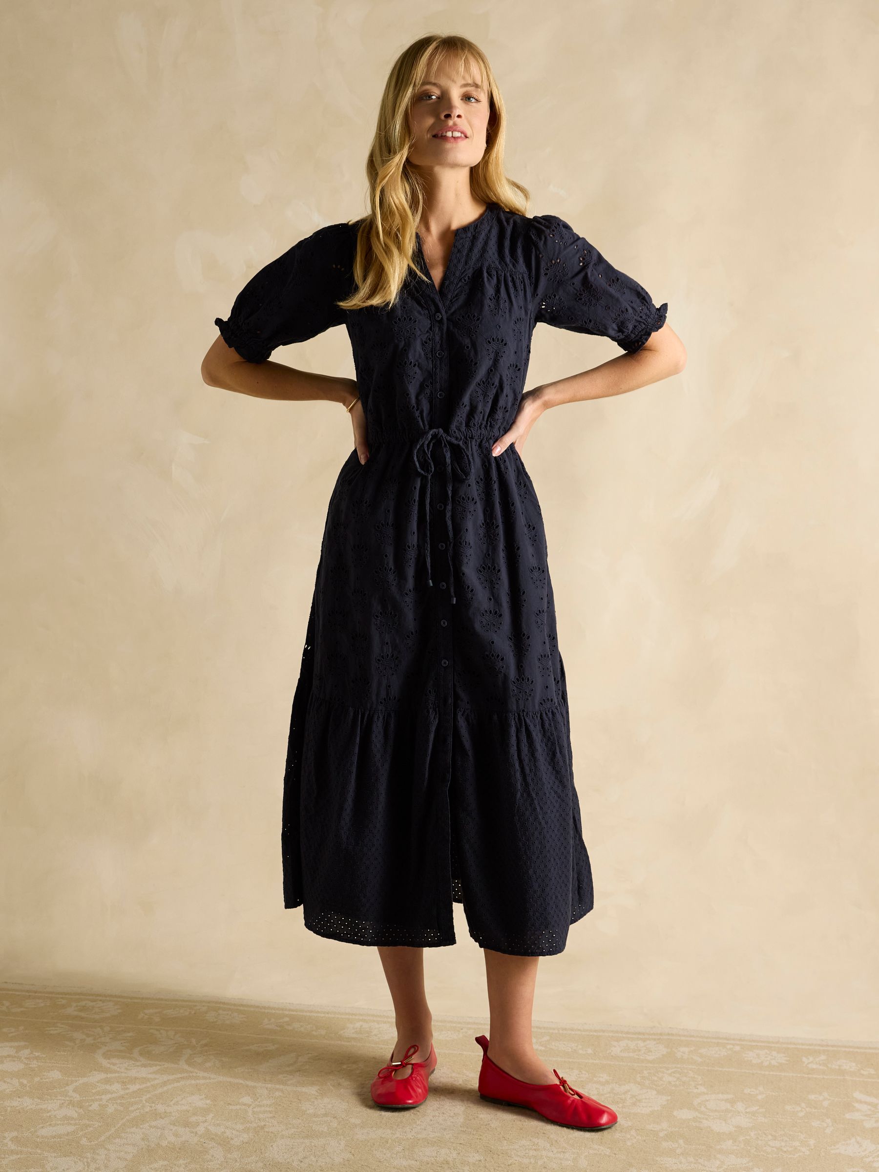 Juliana 100% Cotton Navy Blue Broderie Midi Dress - Image 1 of 5