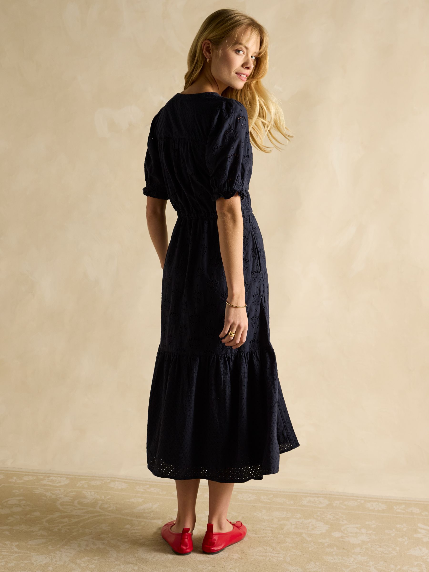Juliana 100% Cotton Navy Blue Broderie Midi Dress - Image 2 of 5