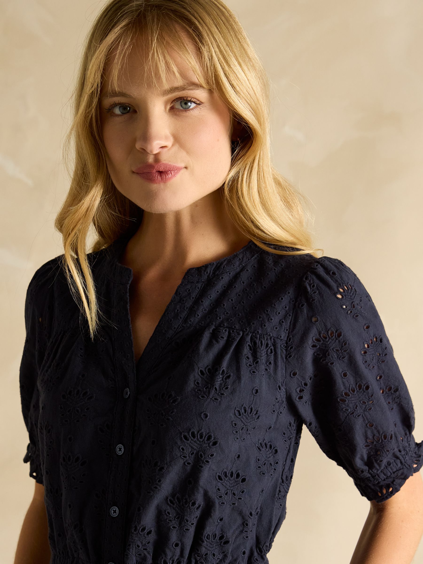 Juliana 100% Cotton Navy Blue Broderie Midi Dress - Image 4 of 5