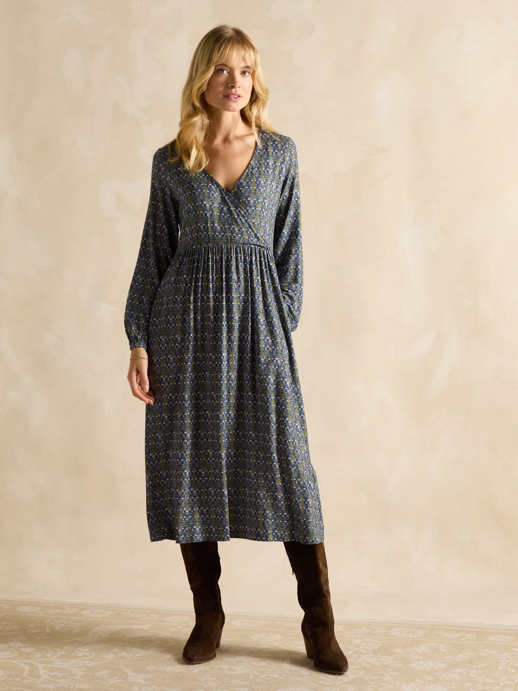 Camille Khaki Green Midi Length Wrap Dress - Image 1 of 6