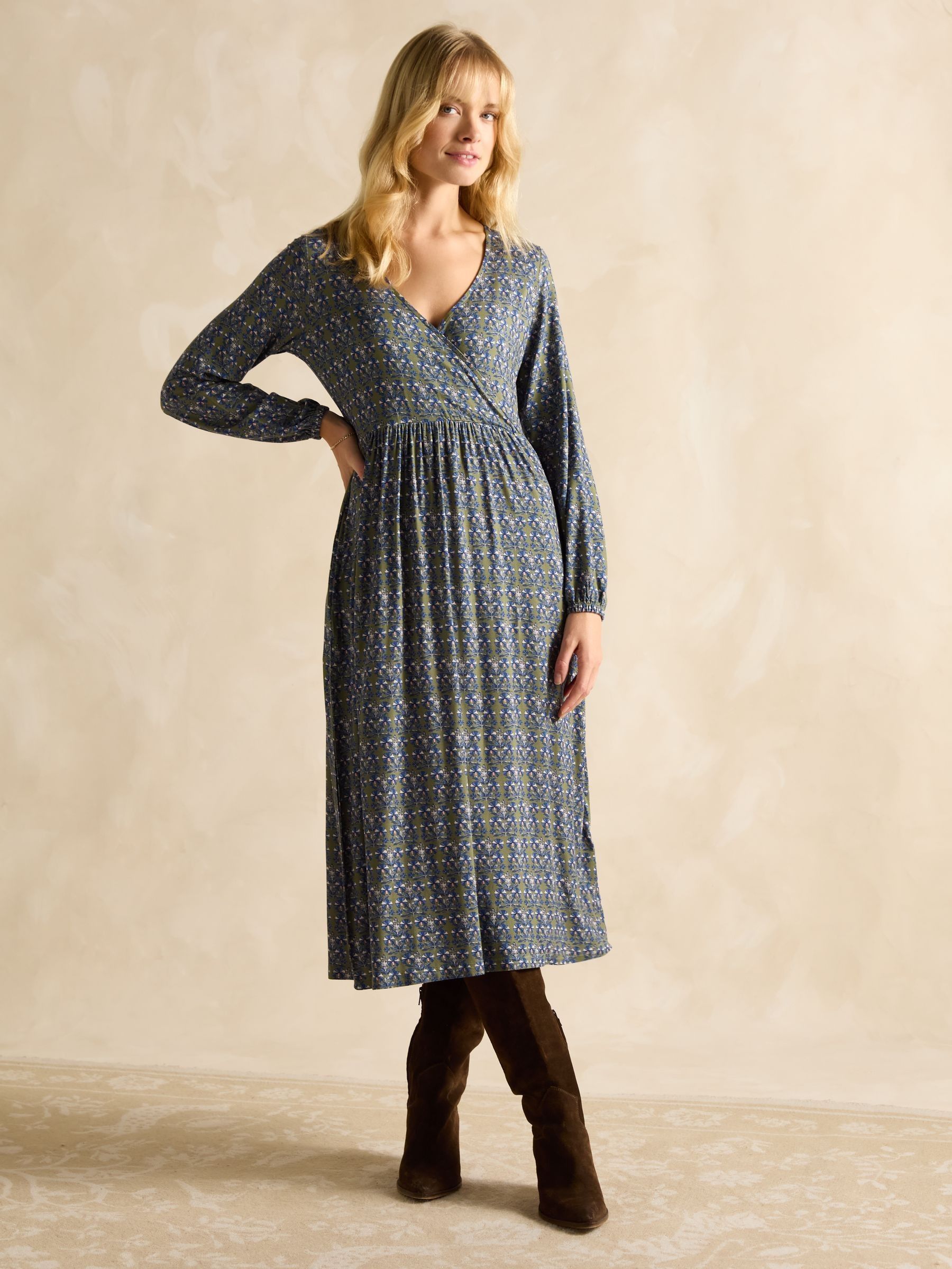 Camille Khaki Green Midi Length Wrap Dress - Image 3 of 6