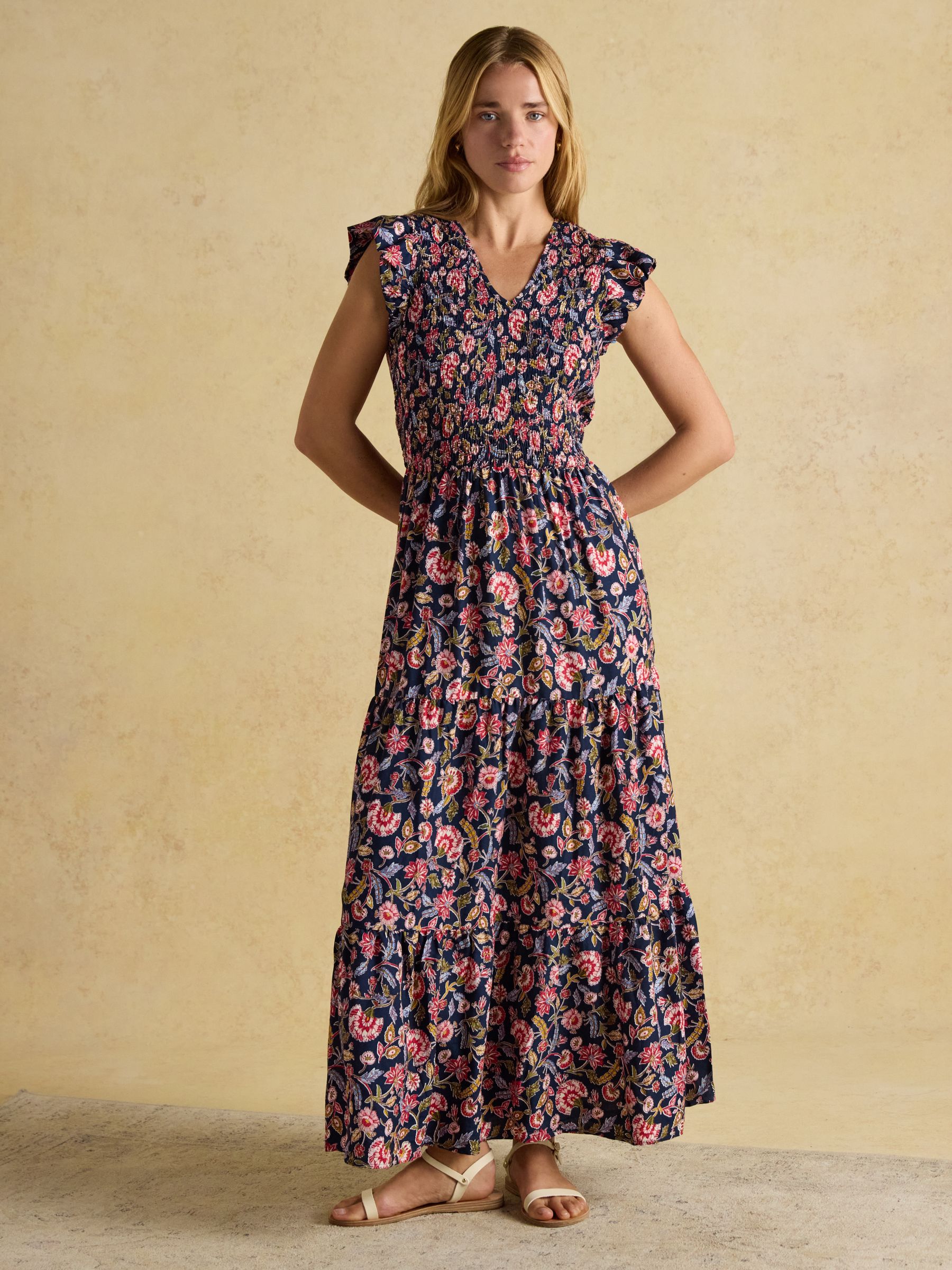 Esme Navy Shirred Midi Dress - Image 1 of 9