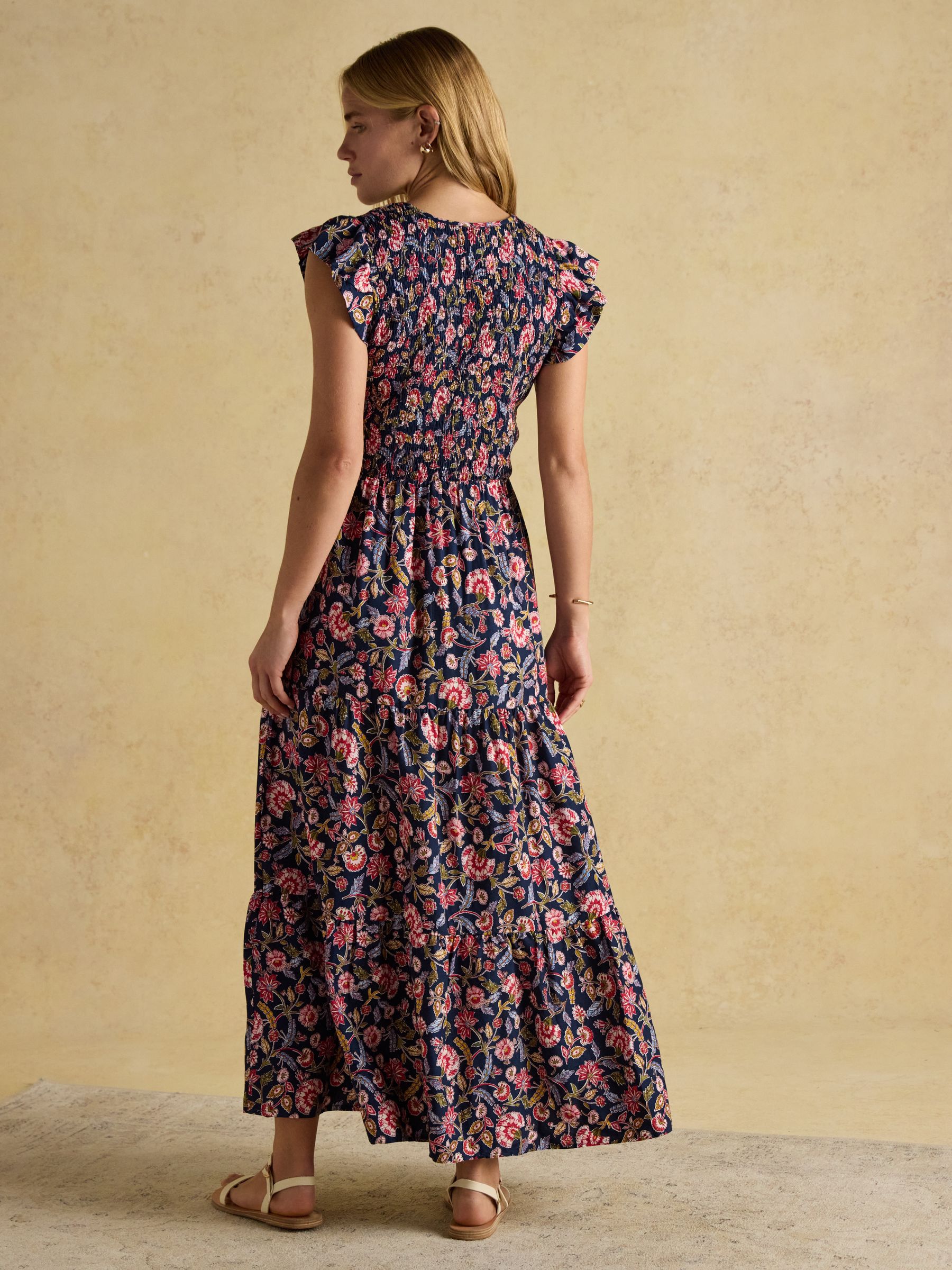 Esme Navy Shirred Midi Dress - Image 2 of 9