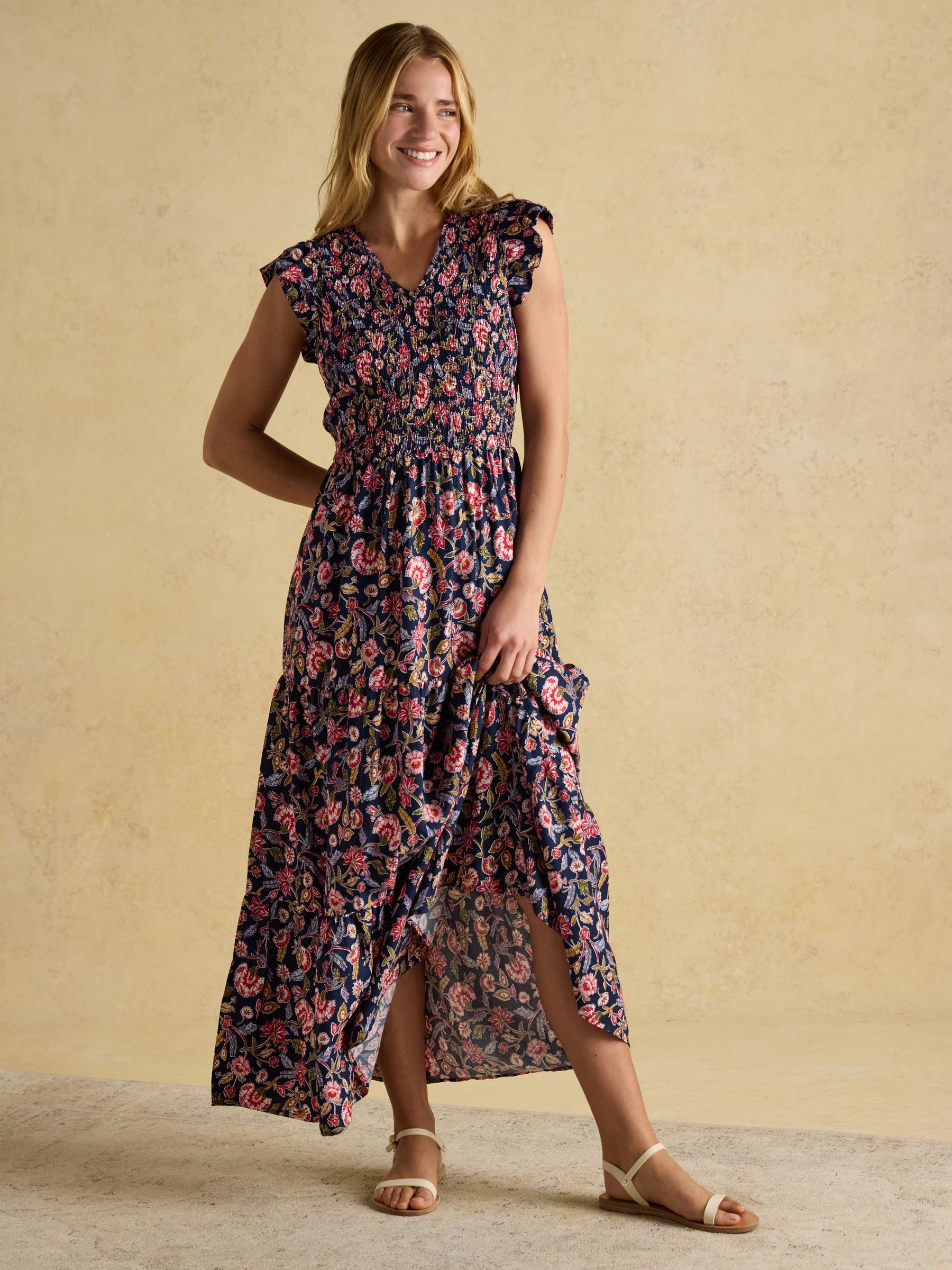 Esme Navy Shirred Midi Dress - Image 6 of 9