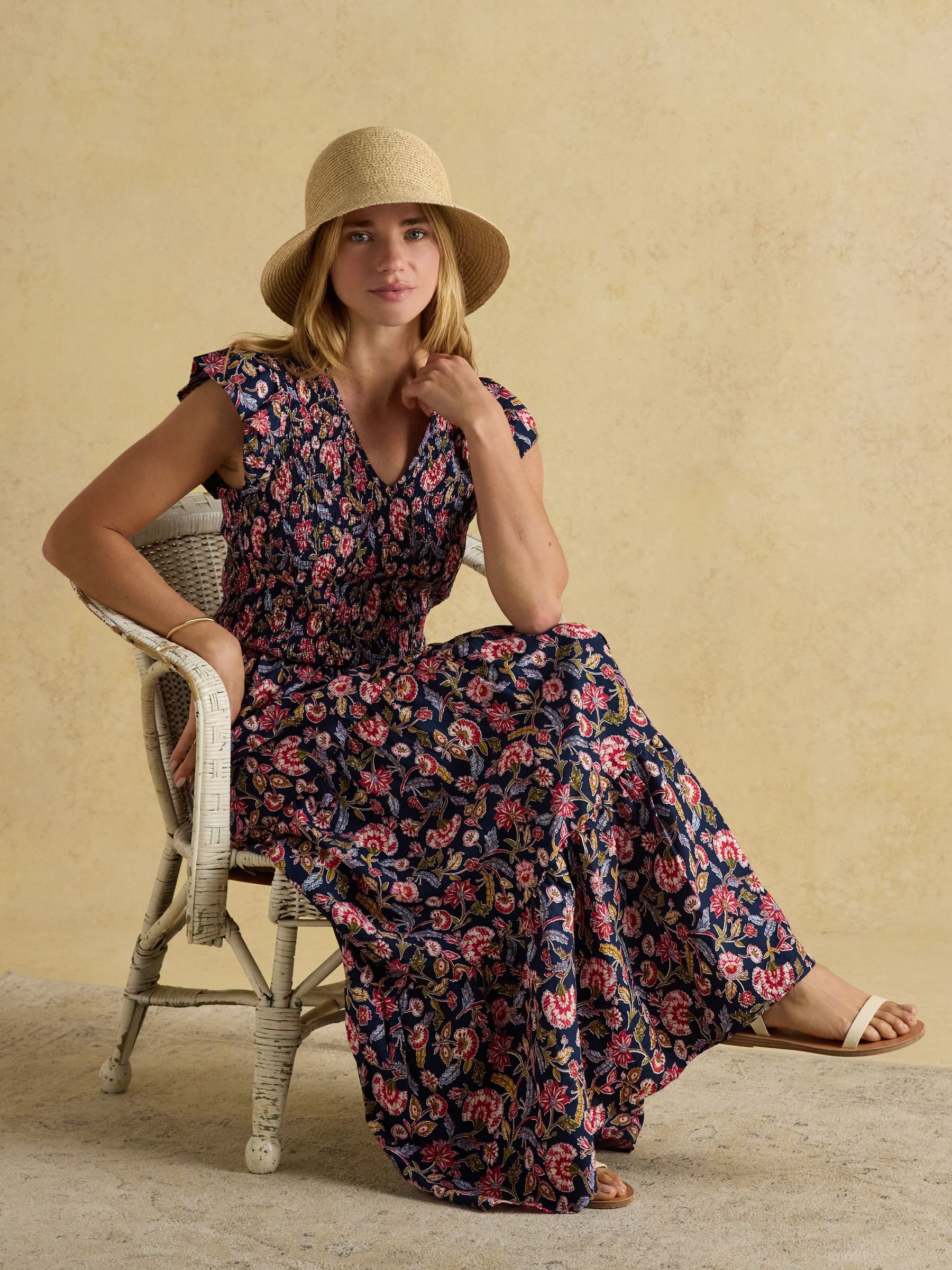 Esme Navy Shirred Midi Dress - Image 8 of 9