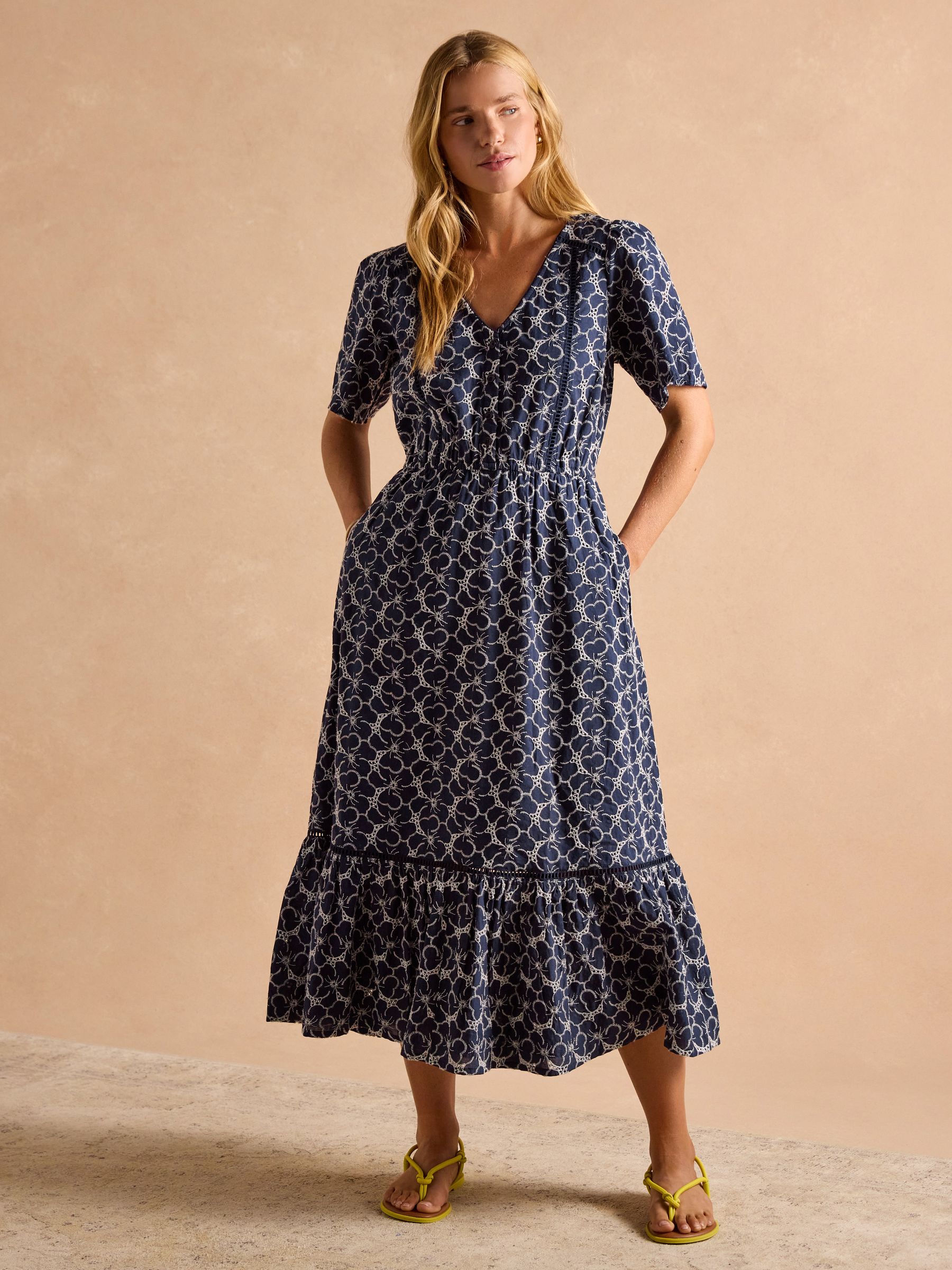 Harriet Navy Broderie Midi Dress Joules