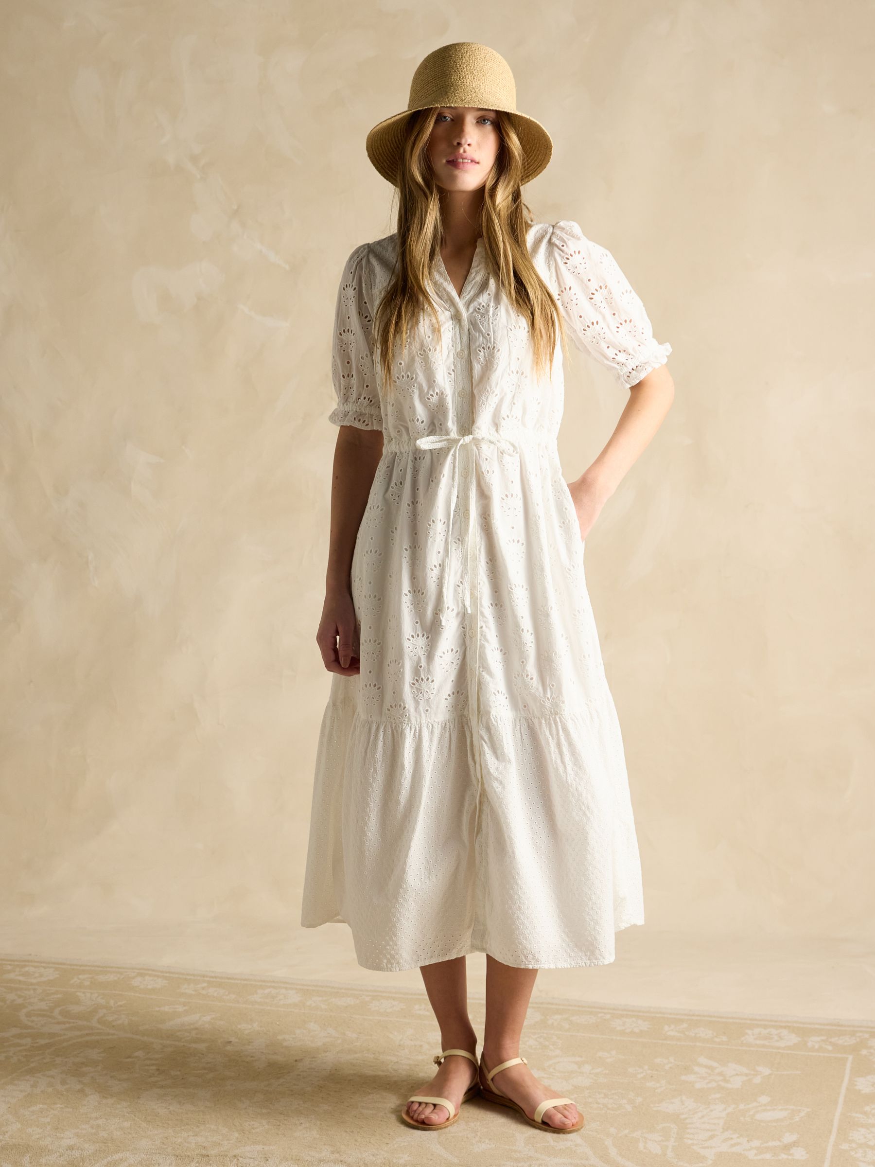 Juliana 100% Cotton White Broderie Midi Dress Joules - Main Image
