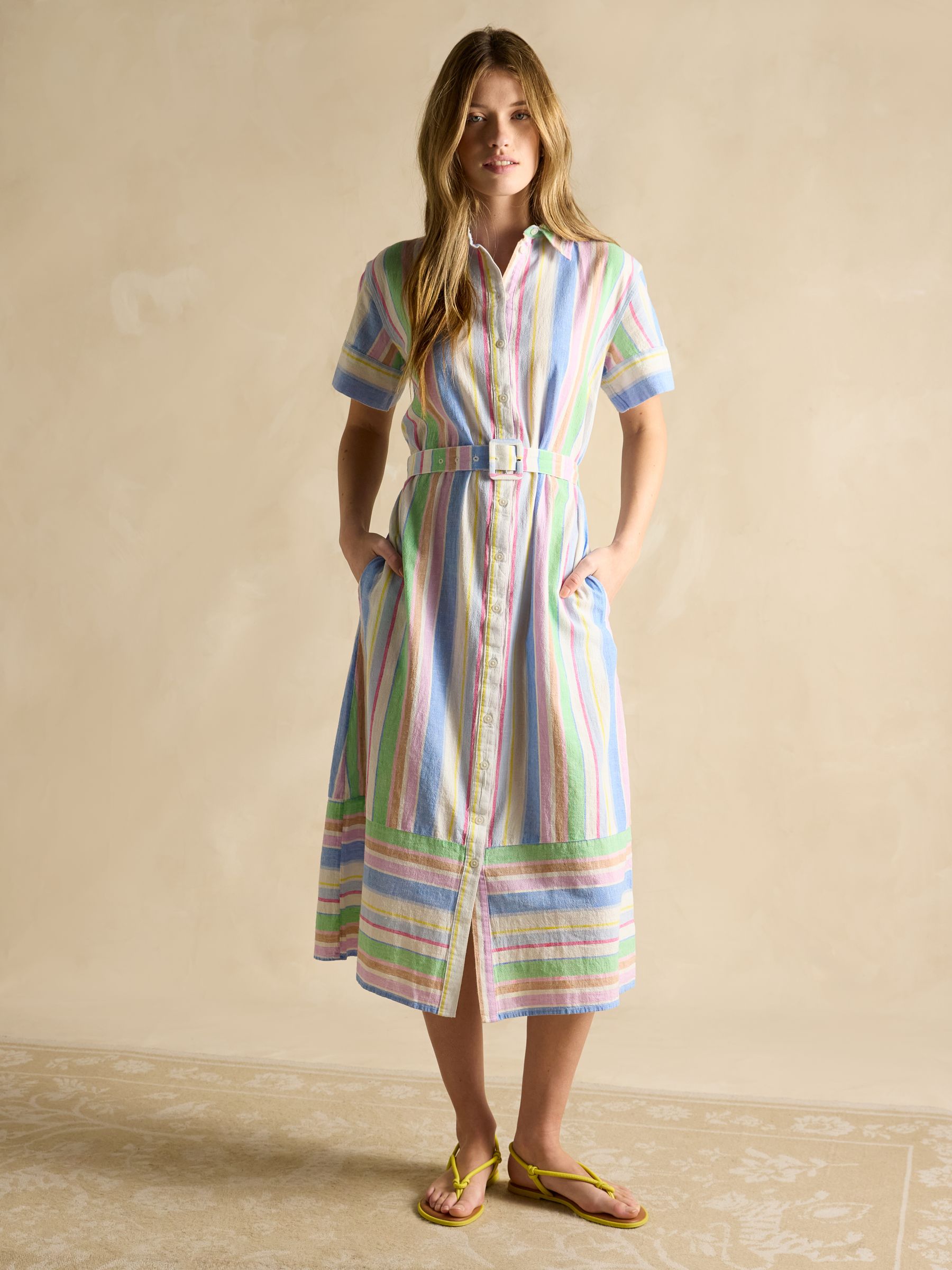 Carrie Multi Stripe Linen & Cotton Belted Shirt Dress - Image 1 of 7 Carrie Multi Stripe Linen & Cotton Belted Shirt Dress - Image 1 of 7