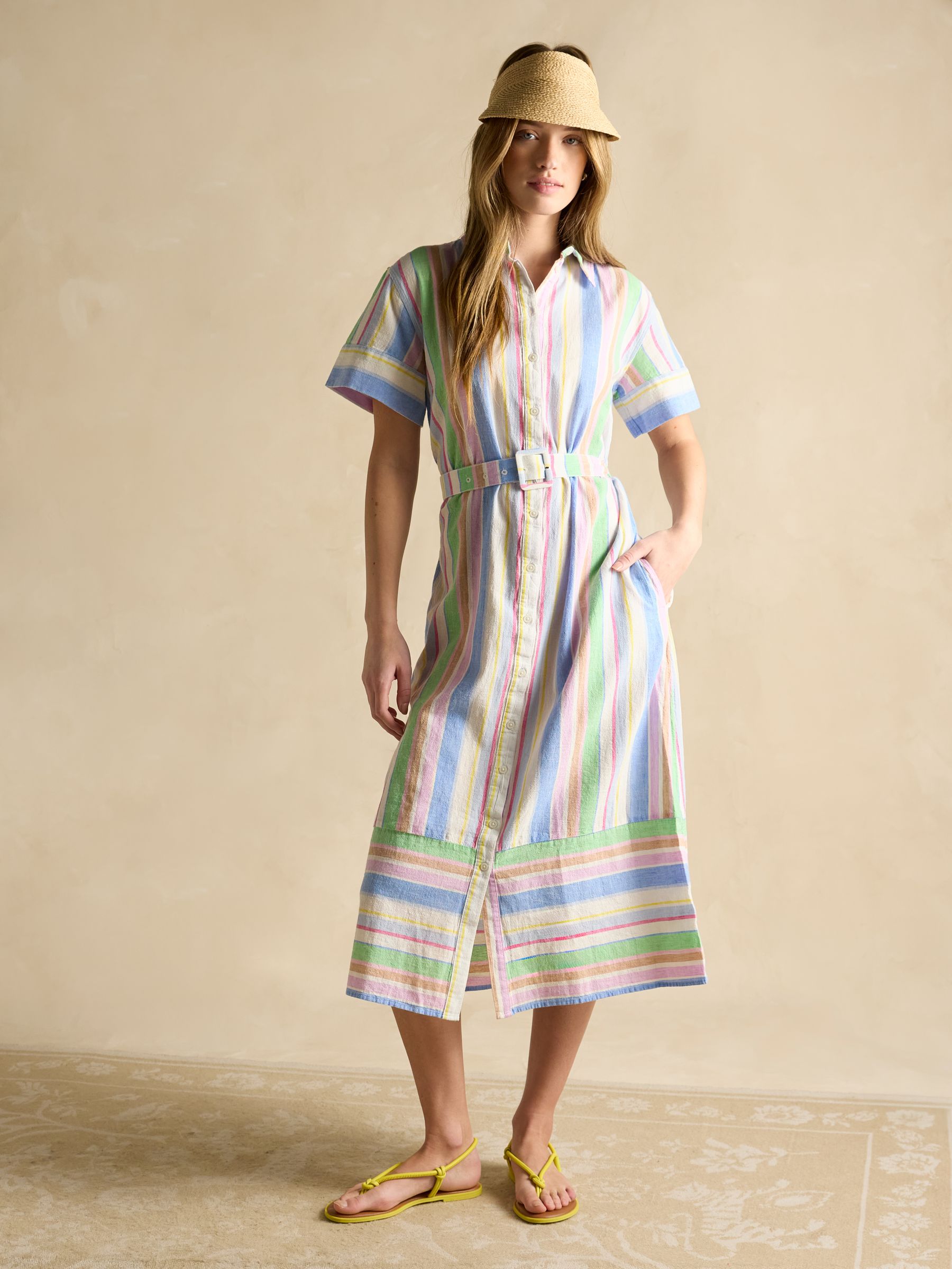 Carrie Multi Stripe Linen & Cotton Belted Shirt Dress - Image 3 of 7