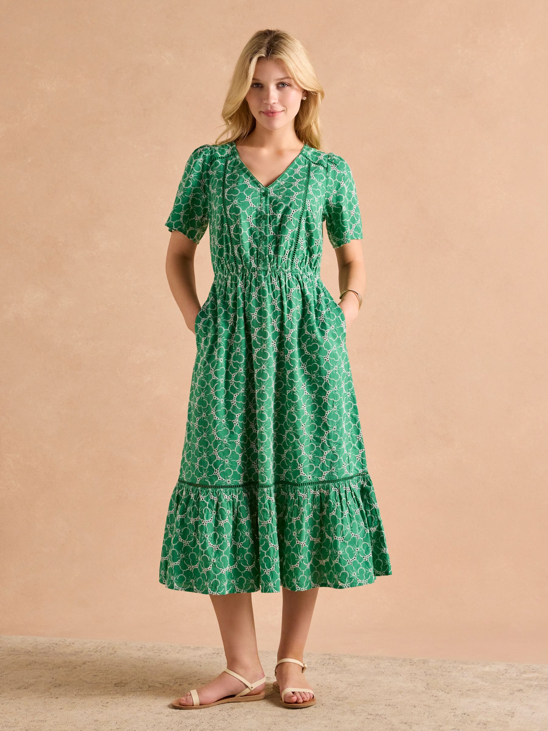 Harriet Green/White Broderie Midi Dress - Image 1 of 6