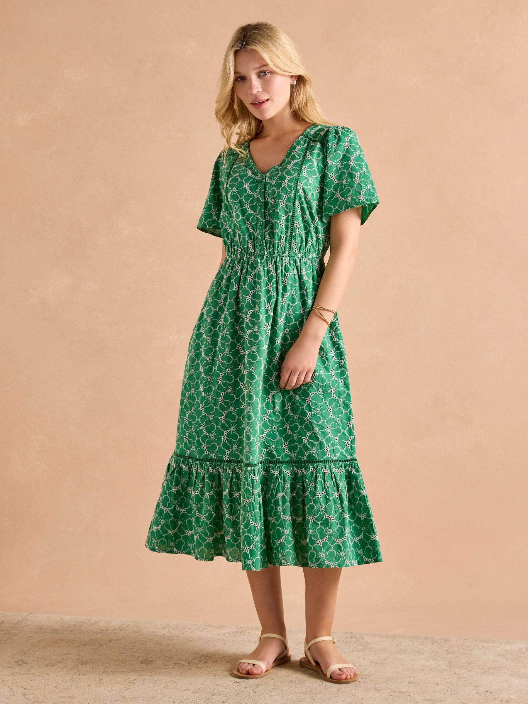 Harriet Green/White Broderie Midi Dress - Image 4 of 6