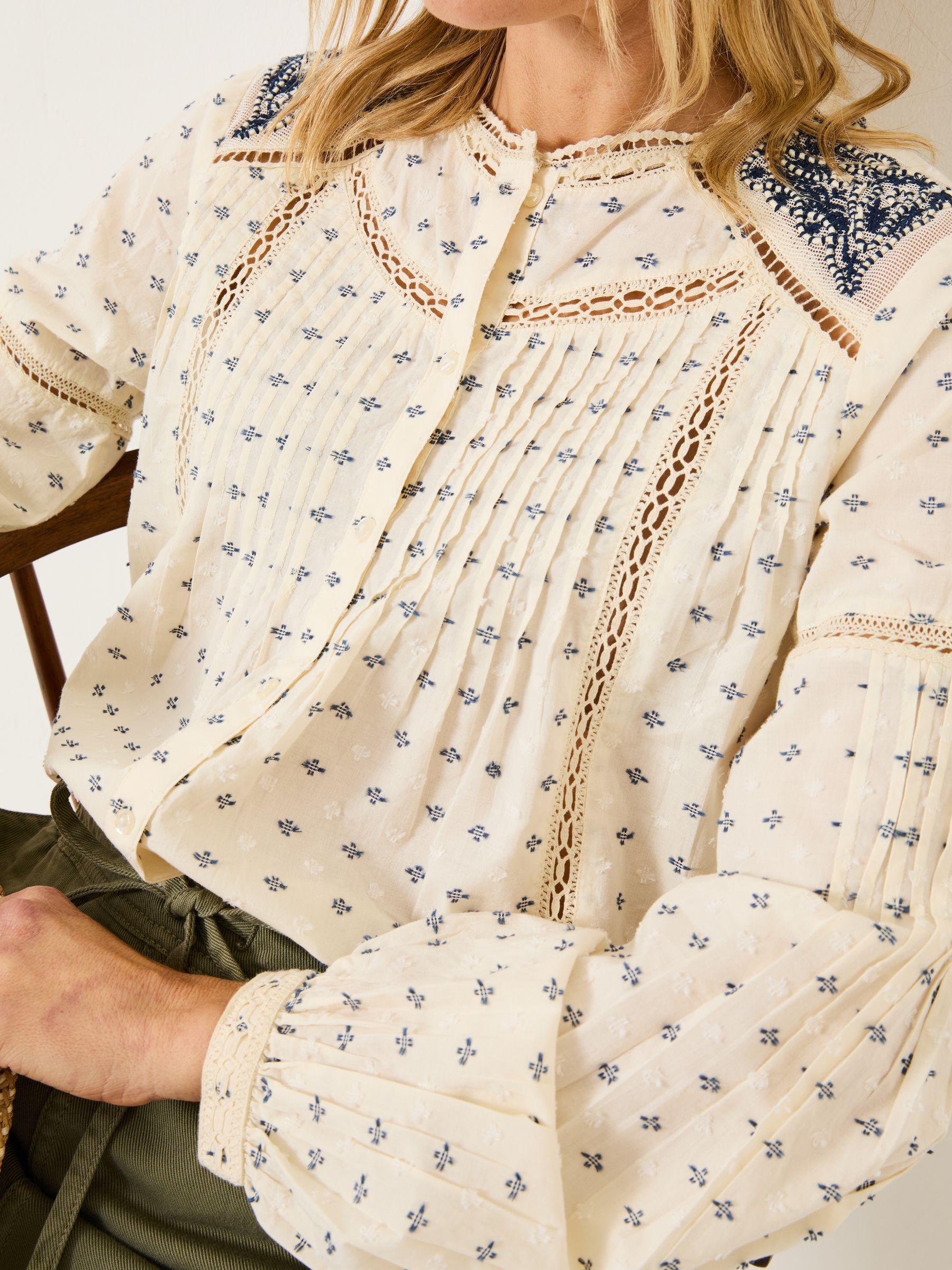Cream Fern 100% Cotton Embroidered Blouse - Image 5 of 7