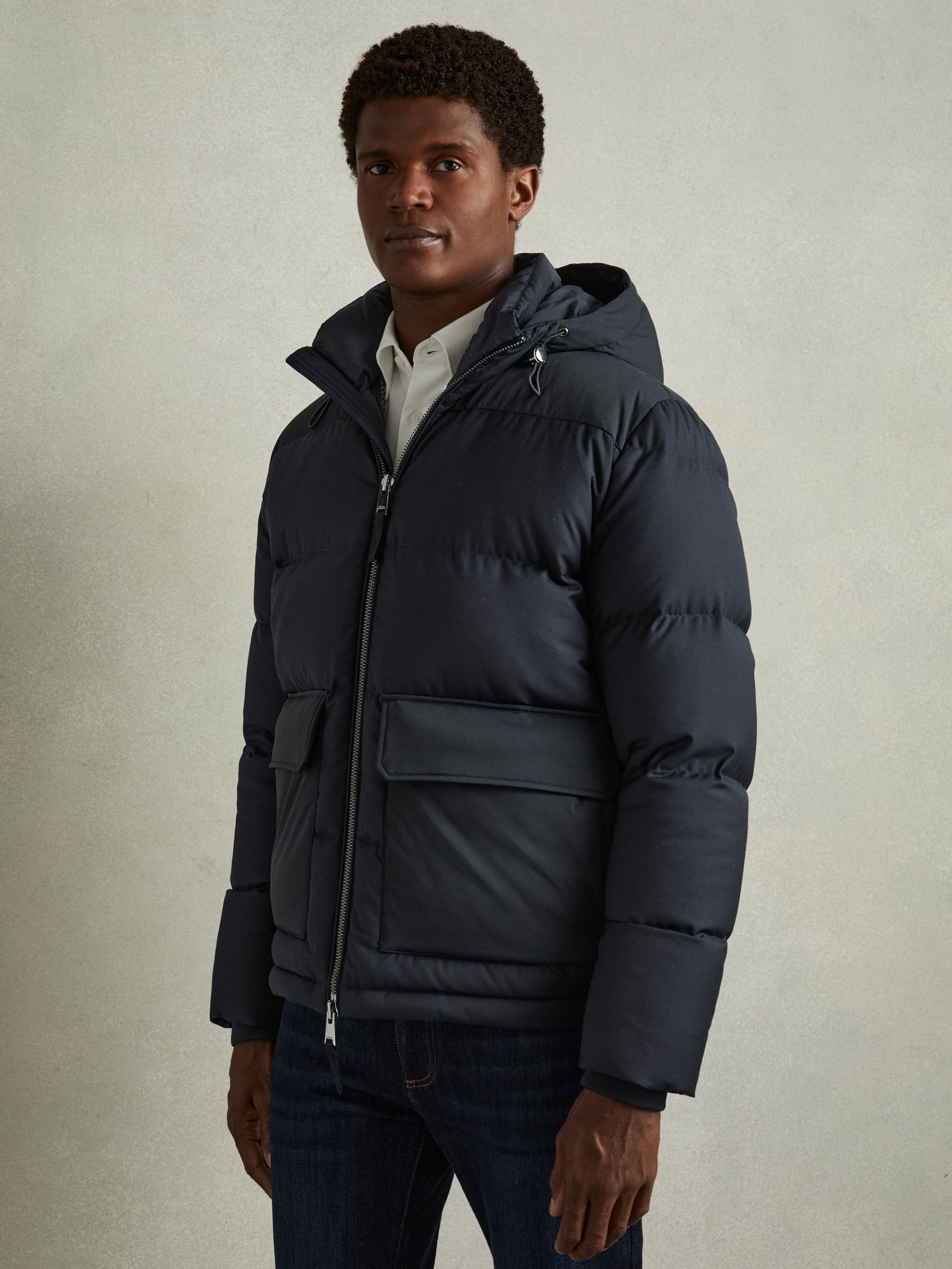 Patch-Pocket Quilted Puffer Jacket in Navy - Image 1 of 7
