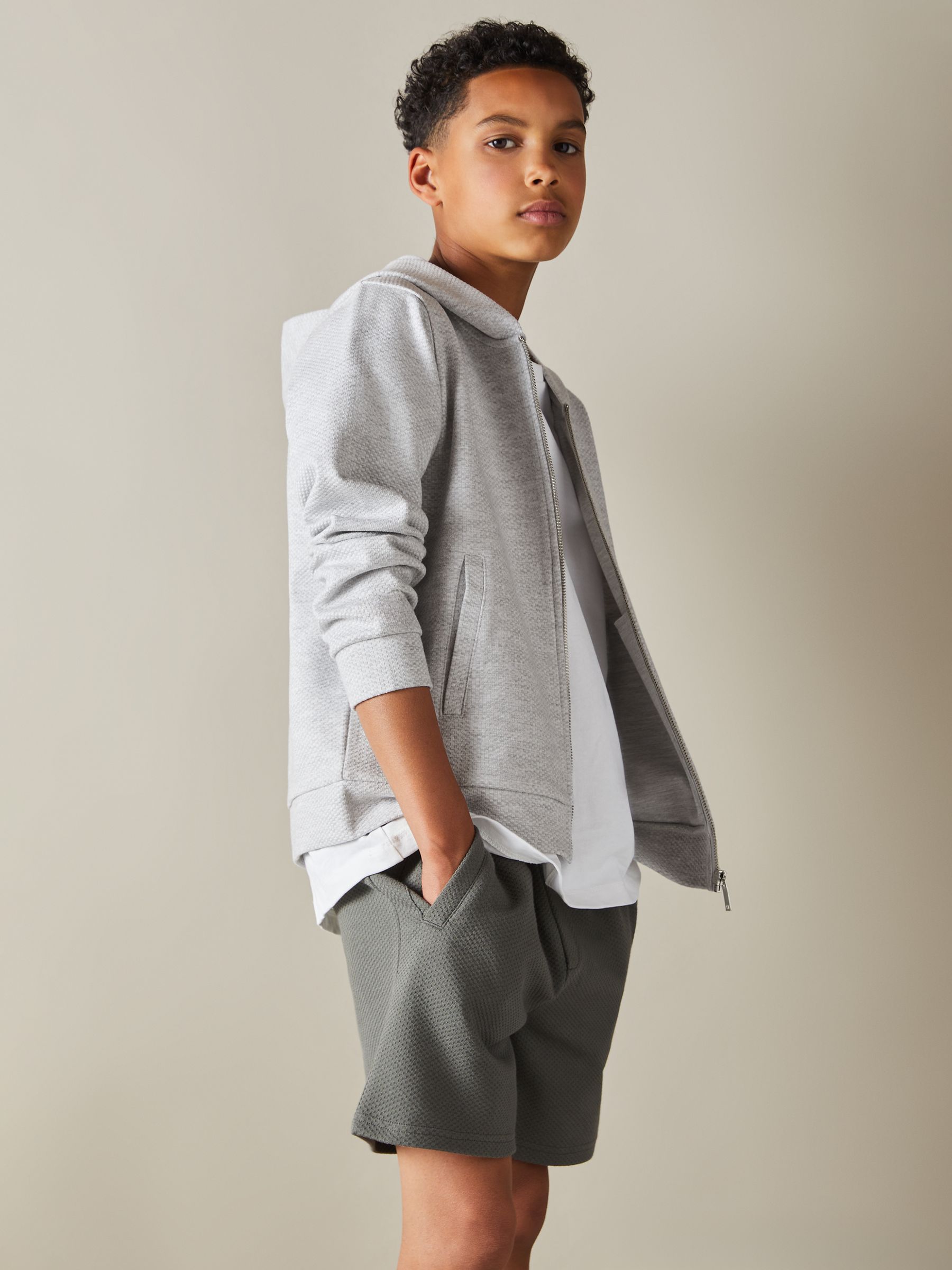 13-14 yrs Cotton Blend Textured Zip-Front Hoodie in Grey Melange - Image 3 of 4