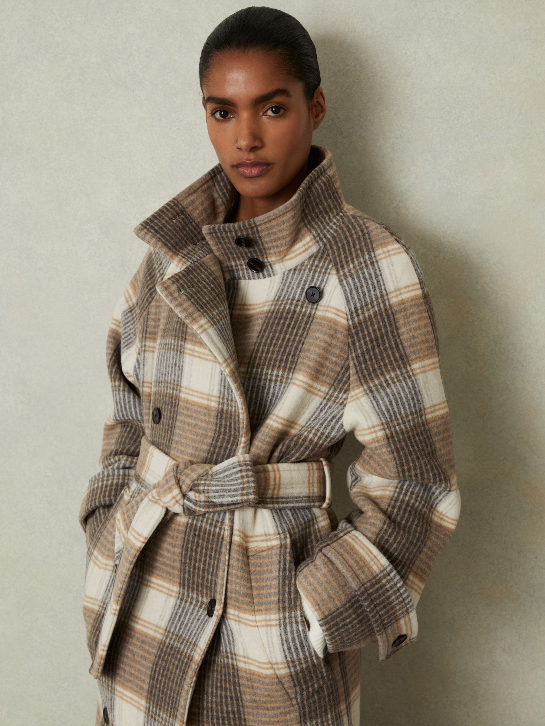Wool Blend Check Double Breasted Coat in Neutral Check - Image 1 of 6