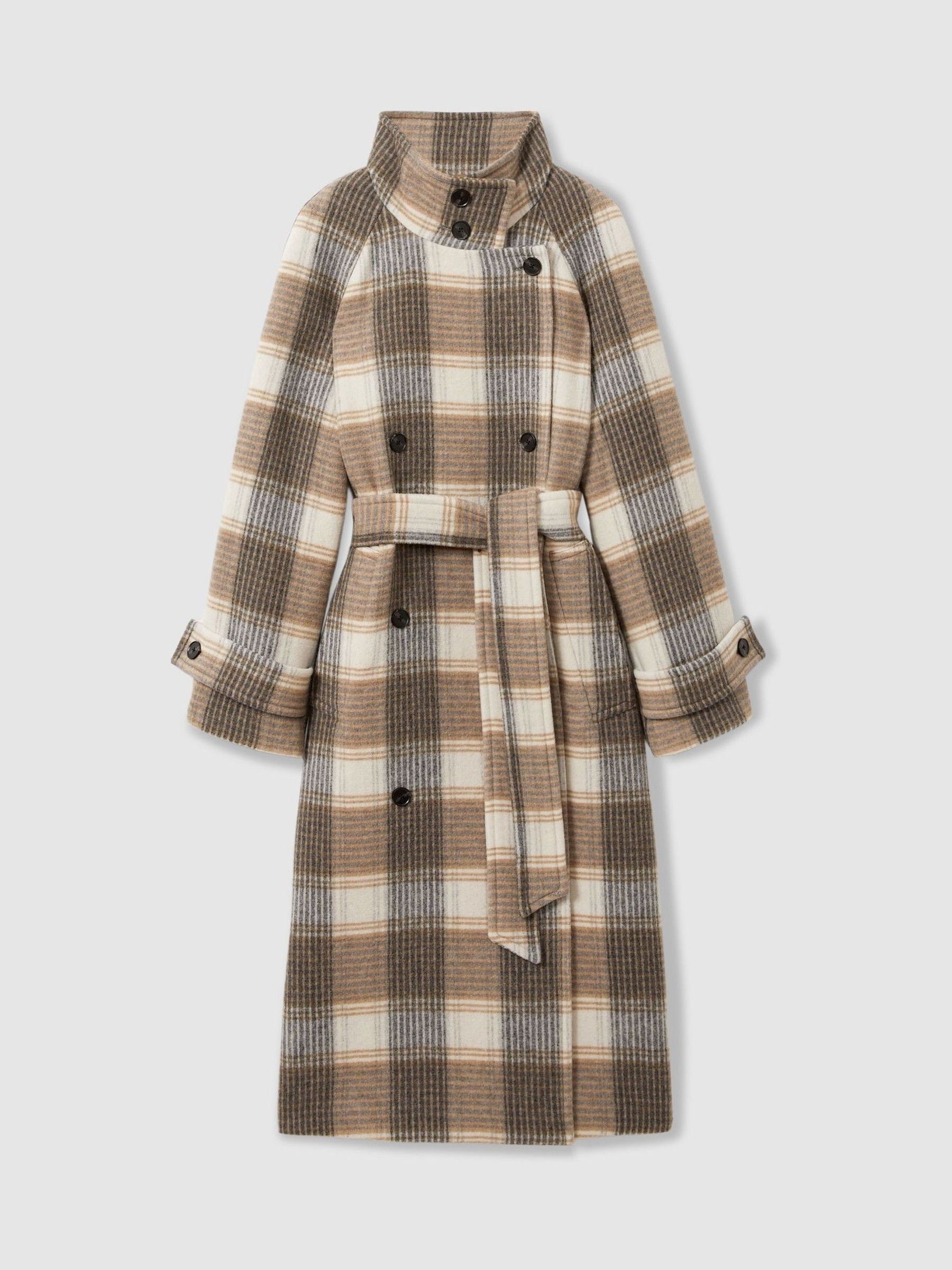 Wool Blend Check Double Breasted Coat in Neutral Check - Image 2 of 6