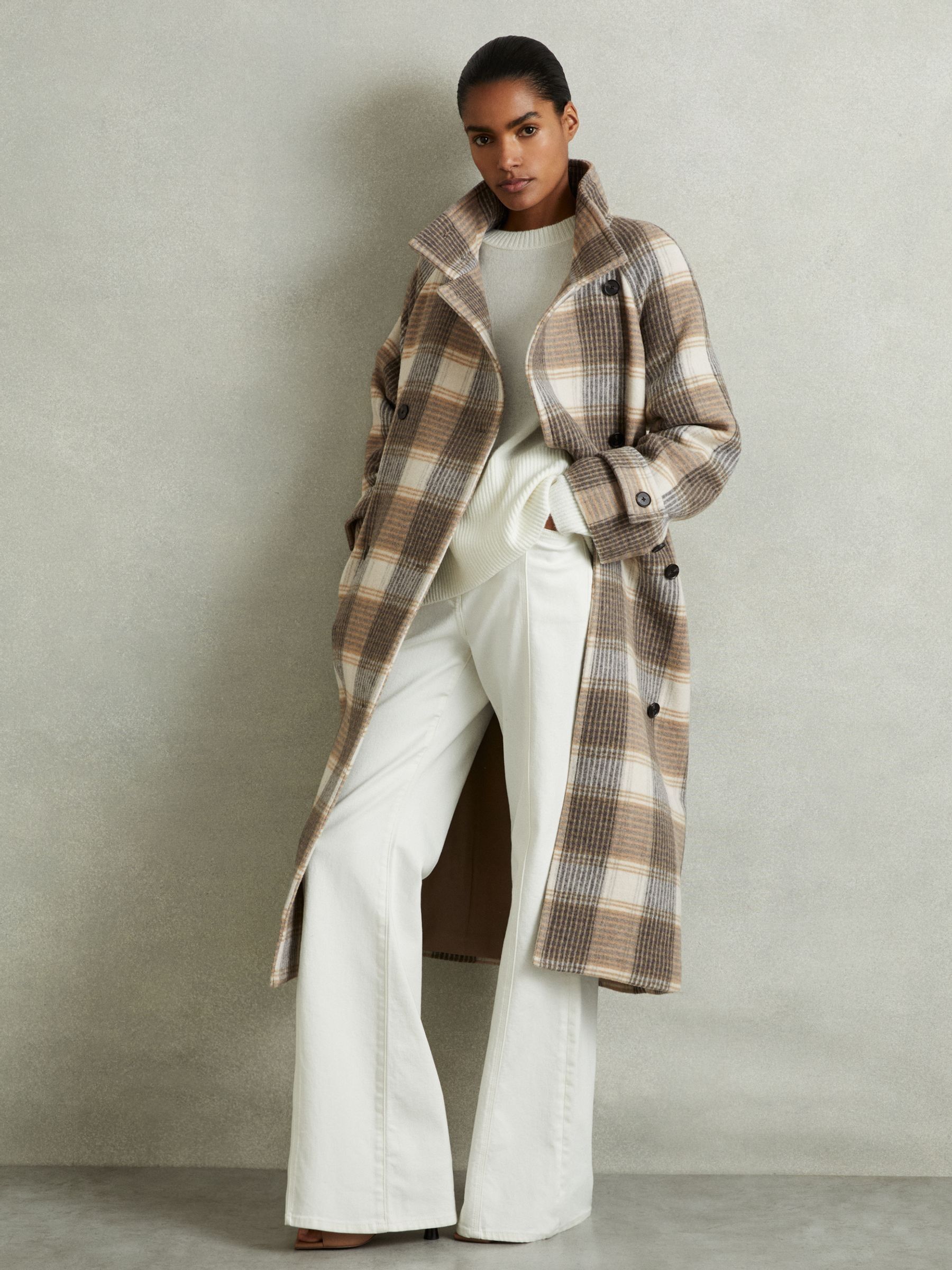 Wool Blend Check Double Breasted Coat in Neutral Check - Image 3 of 6