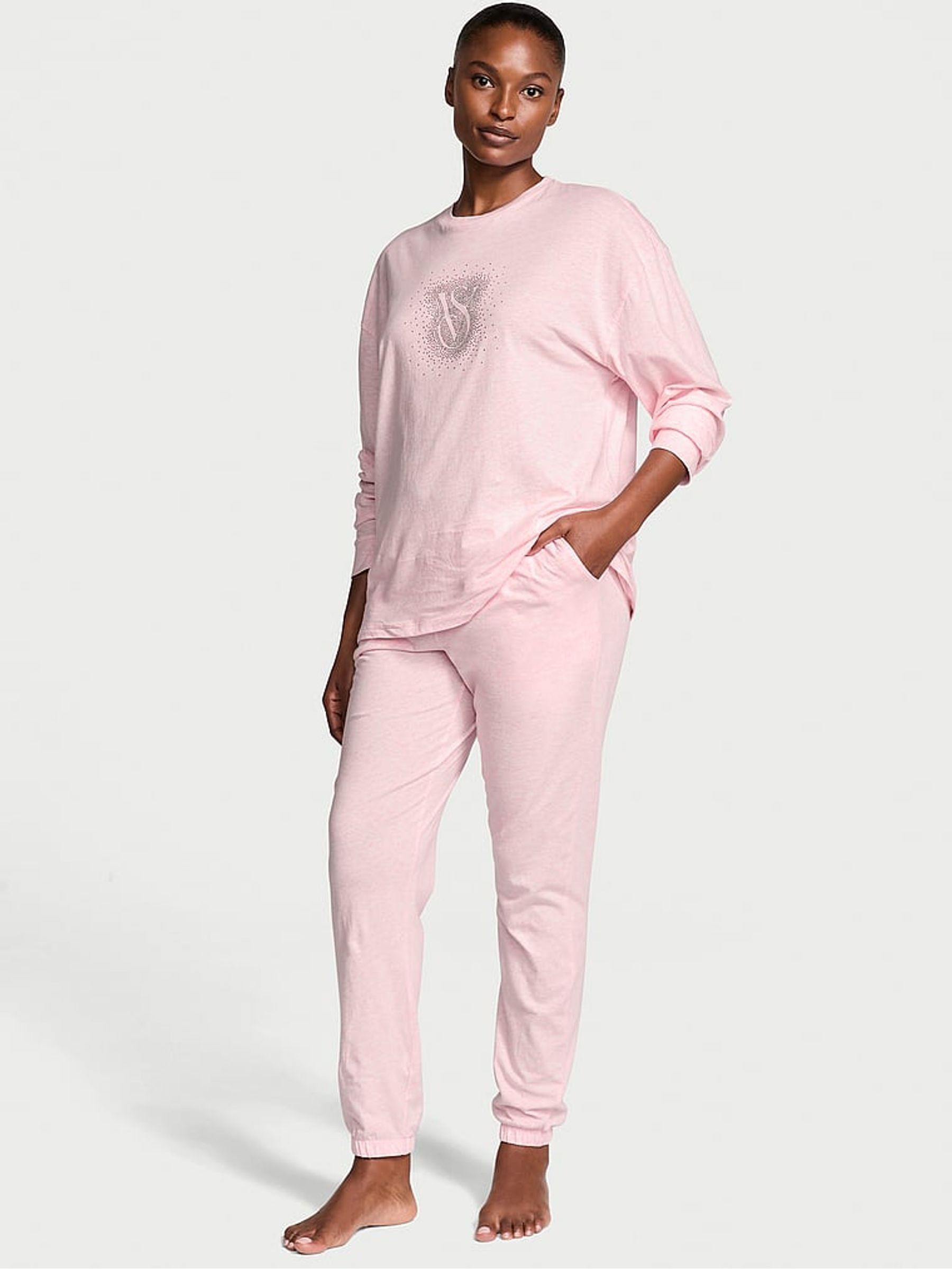 Heather Pink Petal Rhinestone Graphic London Cotton Long Pyjama Set - Image 1 of 1