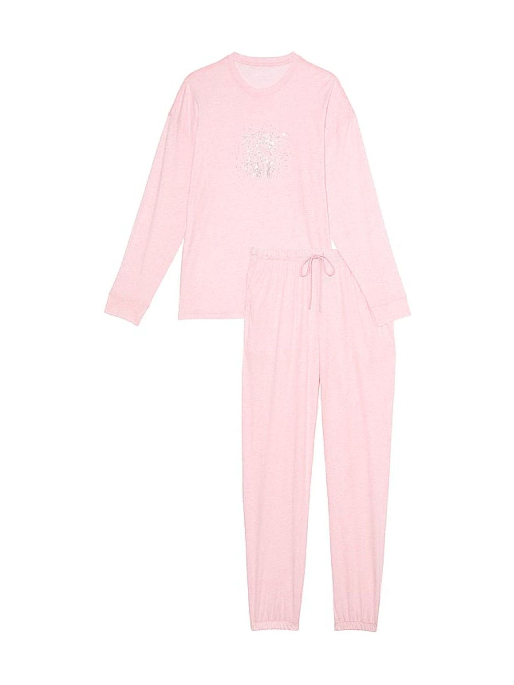Heather Pink Petal Rhinestone Graphic London Cotton Long Pyjama Set - Image 3 of 4