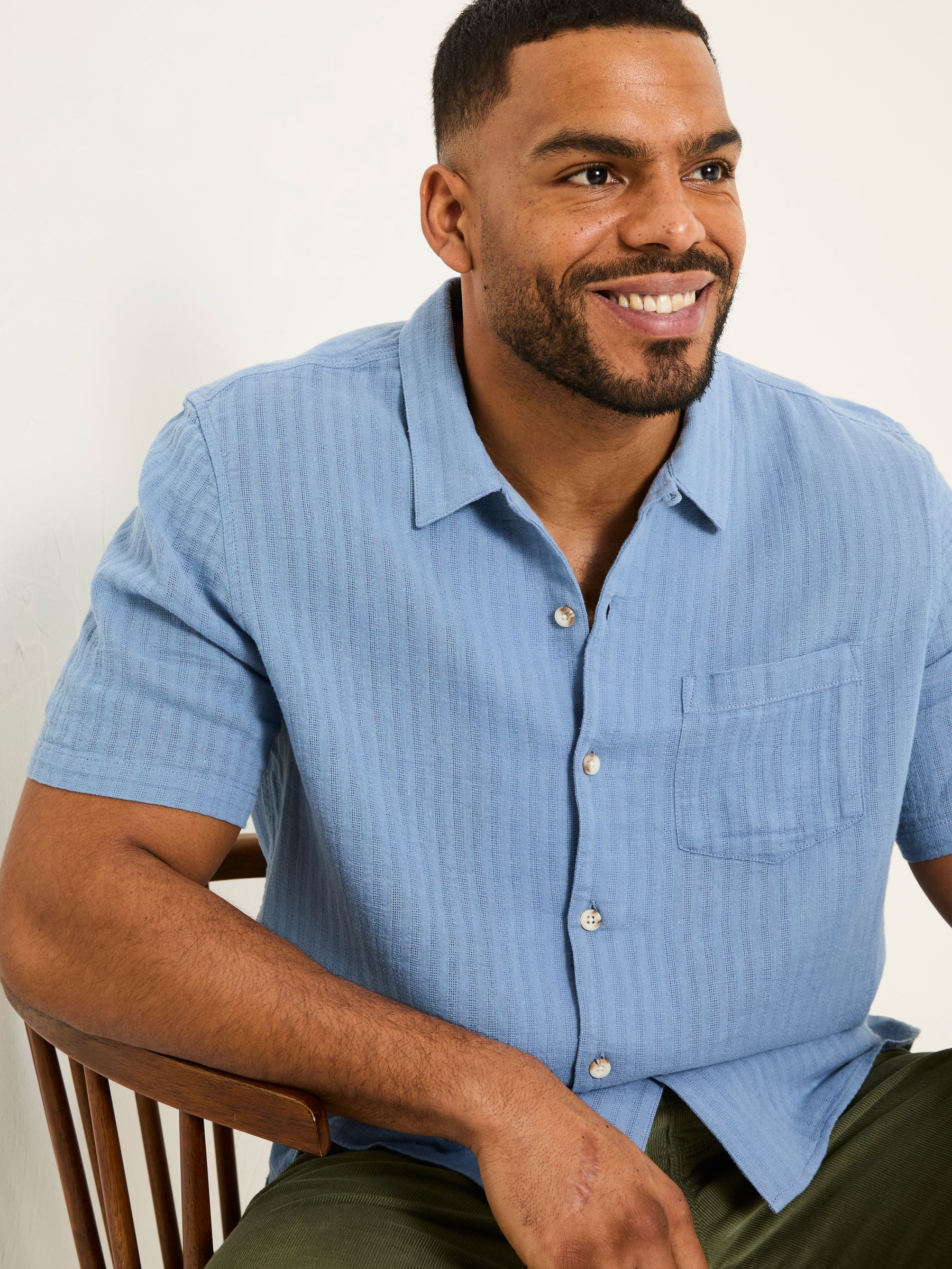Bugle Blue Stripe Short Sleeve Linen Cotton Shirt - Image 8 of 10
