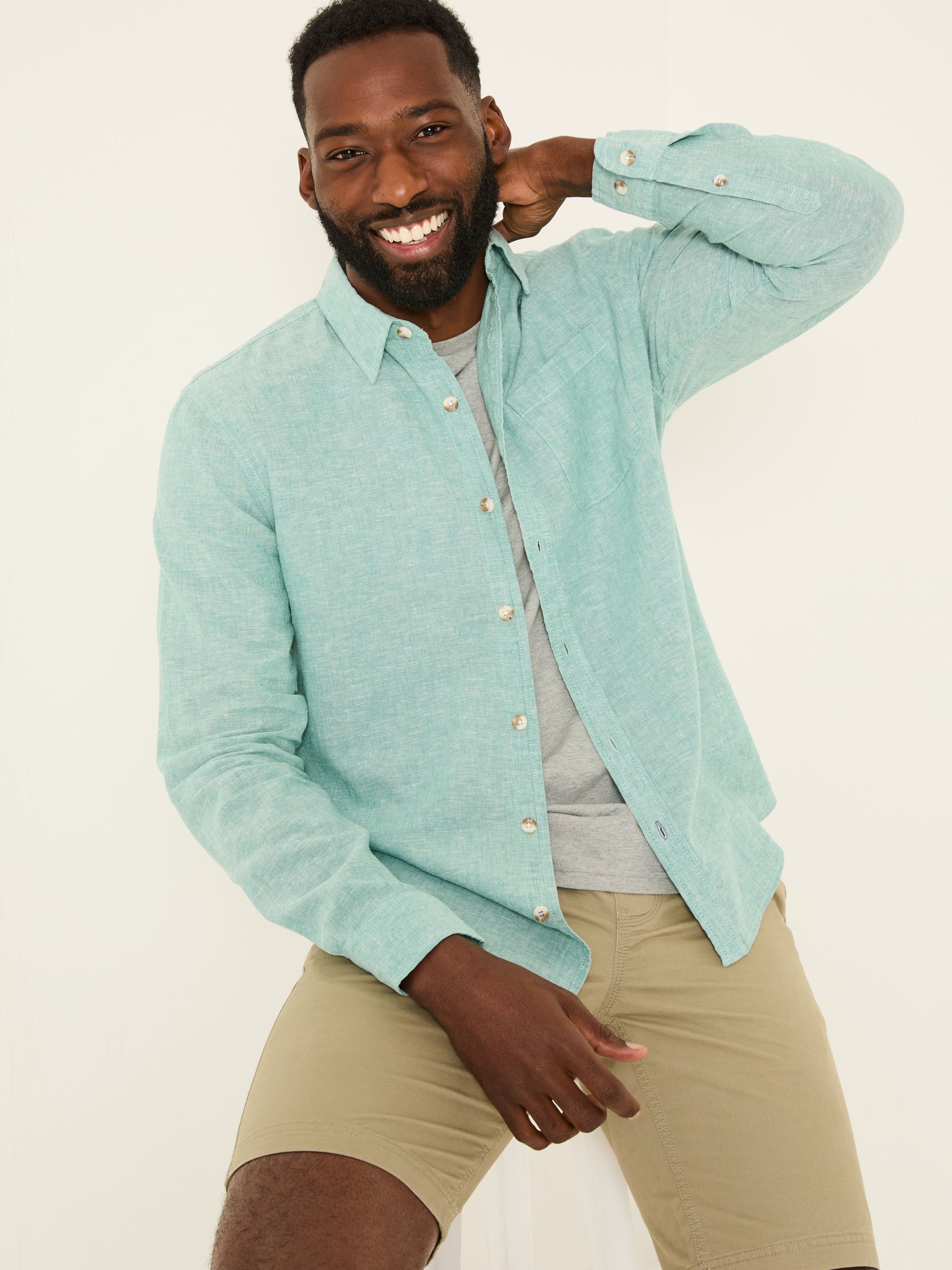 Bugle Light Teal Linen Cotton Shirt - Image 3 of 5