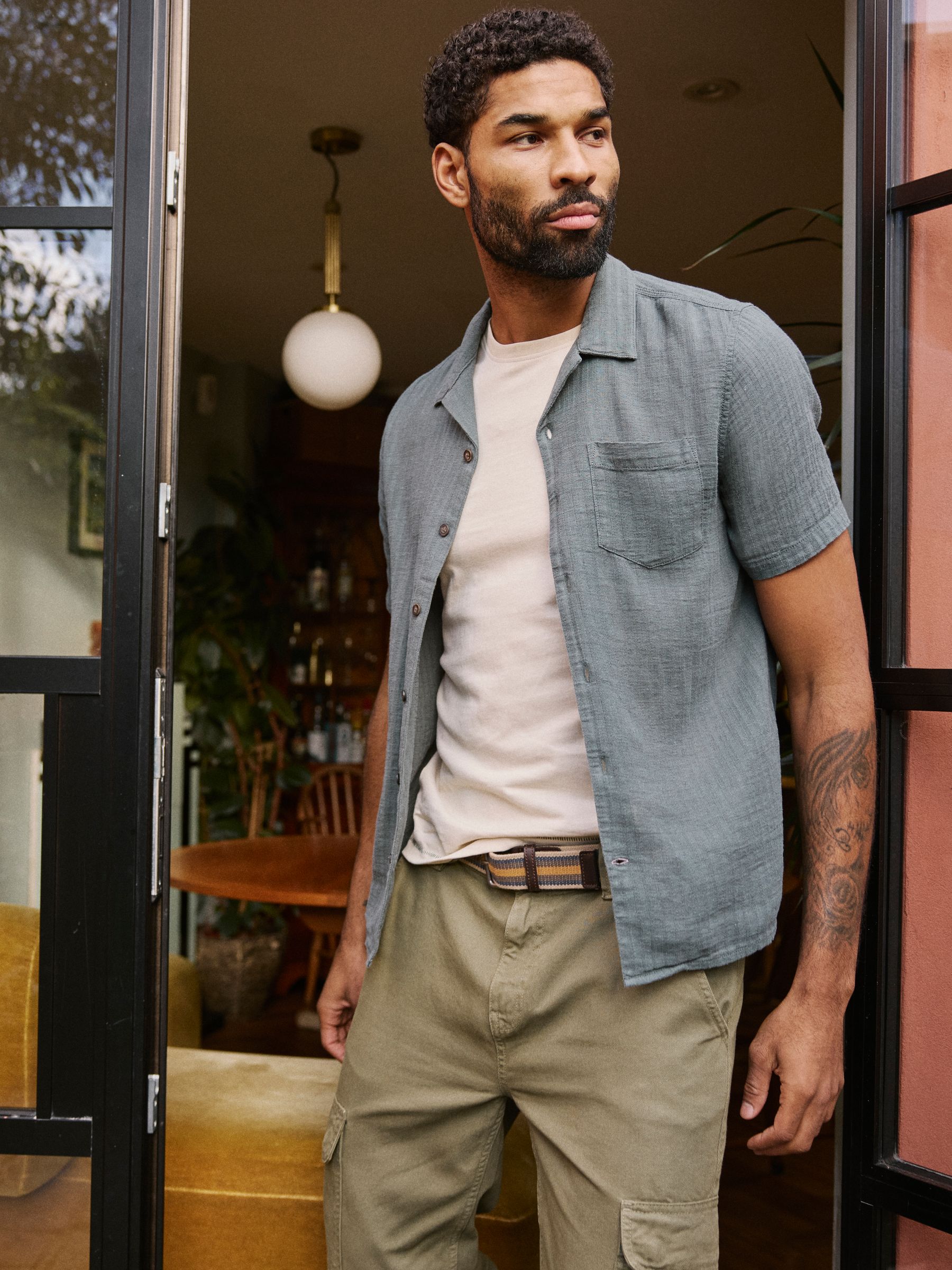 Bugle Dusky Green Stripe Short Sleeve Linen Cotton Shirt - Image 1 of 6