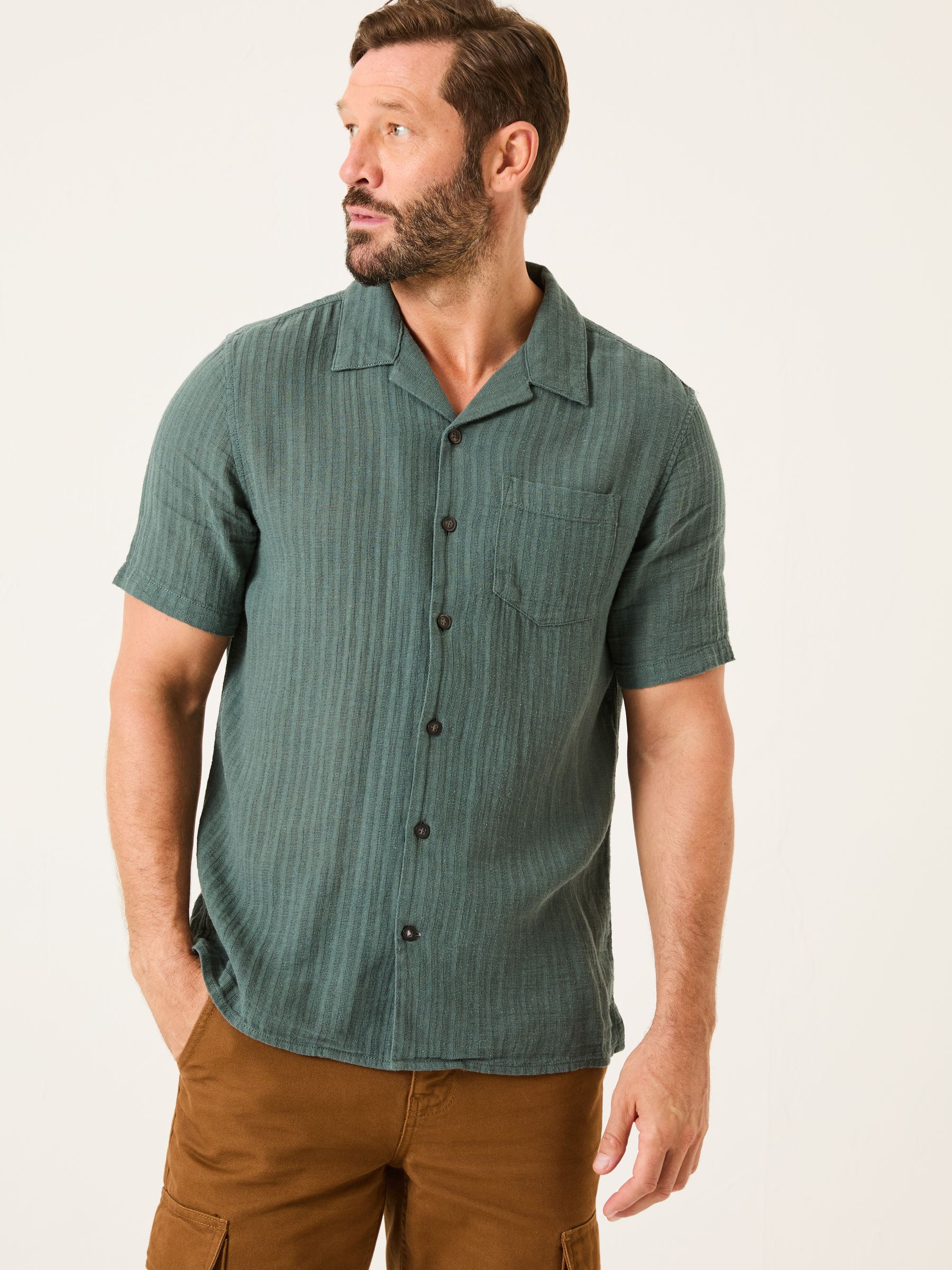 Bugle Dusky Green Stripe Short Sleeve Linen Cotton Shirt - Image 2 of 6