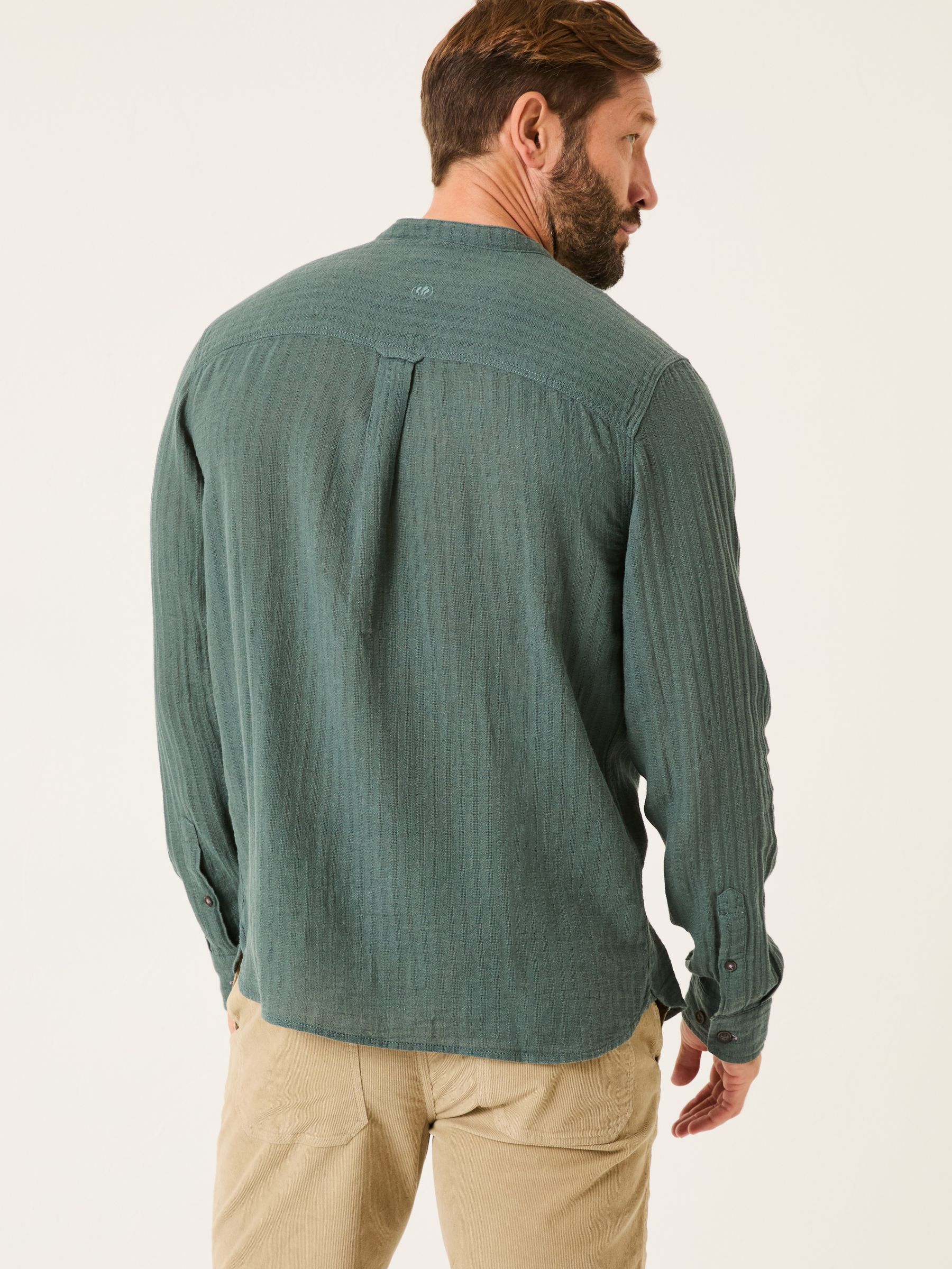 Bugle Dusky Green Long Sleeve Grandad Linen Cotton Shirt - Image 2 of 5