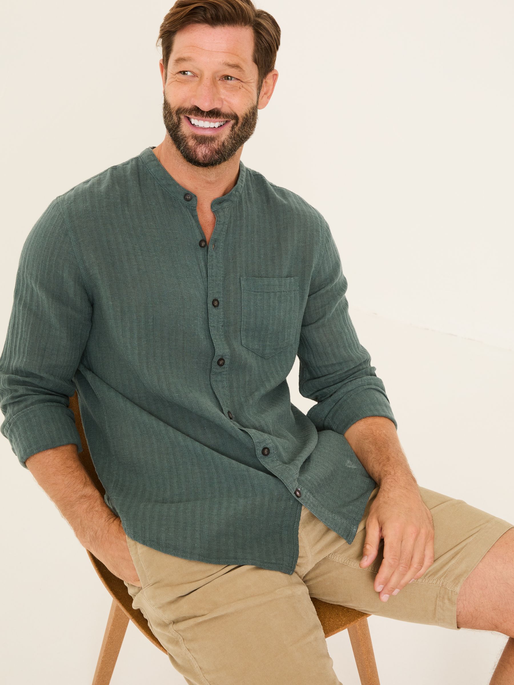 Bugle Dusky Green Long Sleeve Grandad Linen Cotton Shirt - Image 3 of 5