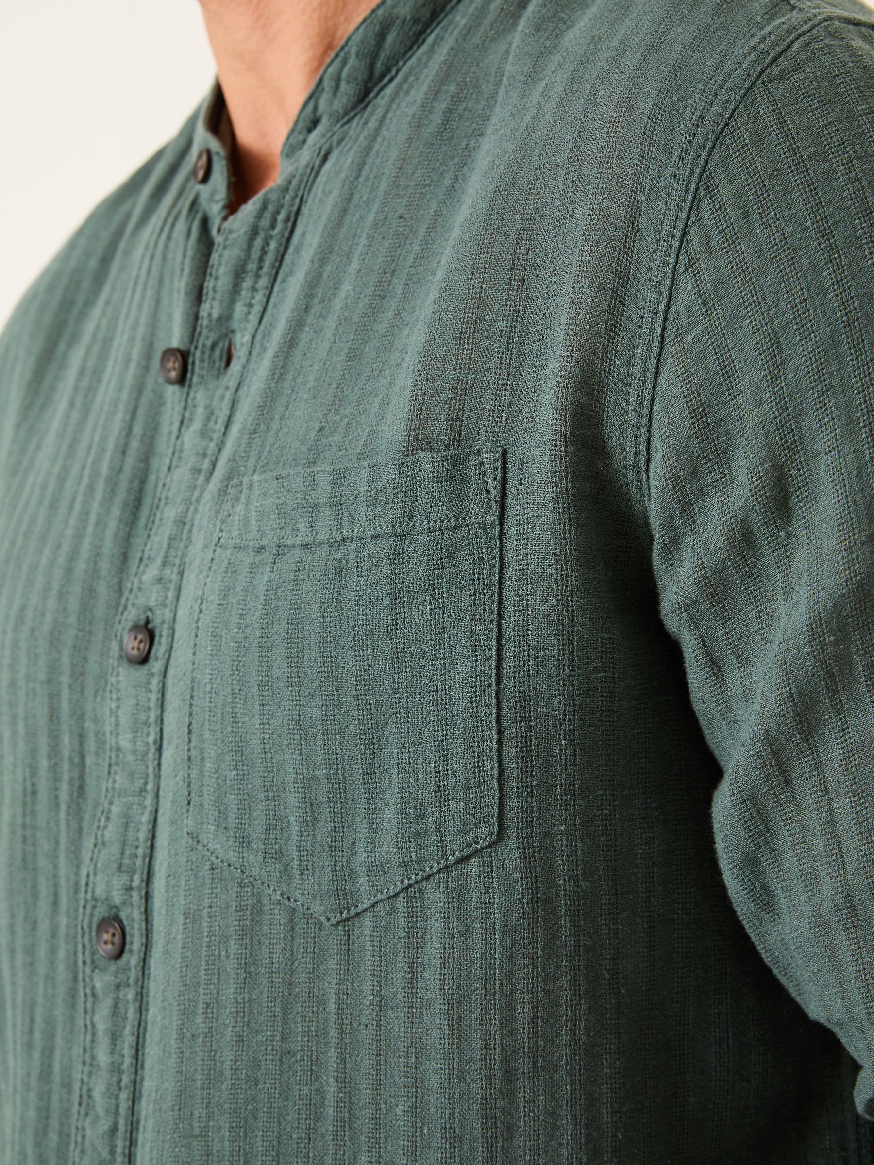 Bugle Dusky Green Long Sleeve Grandad Linen Cotton Shirt - Image 4 of 5