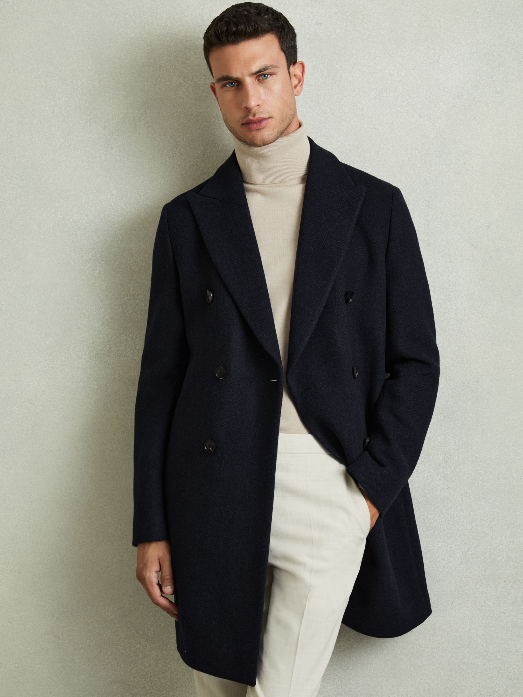 Reiss Wool Blend Herringbone Twill Overcoat in Navy Herringbone