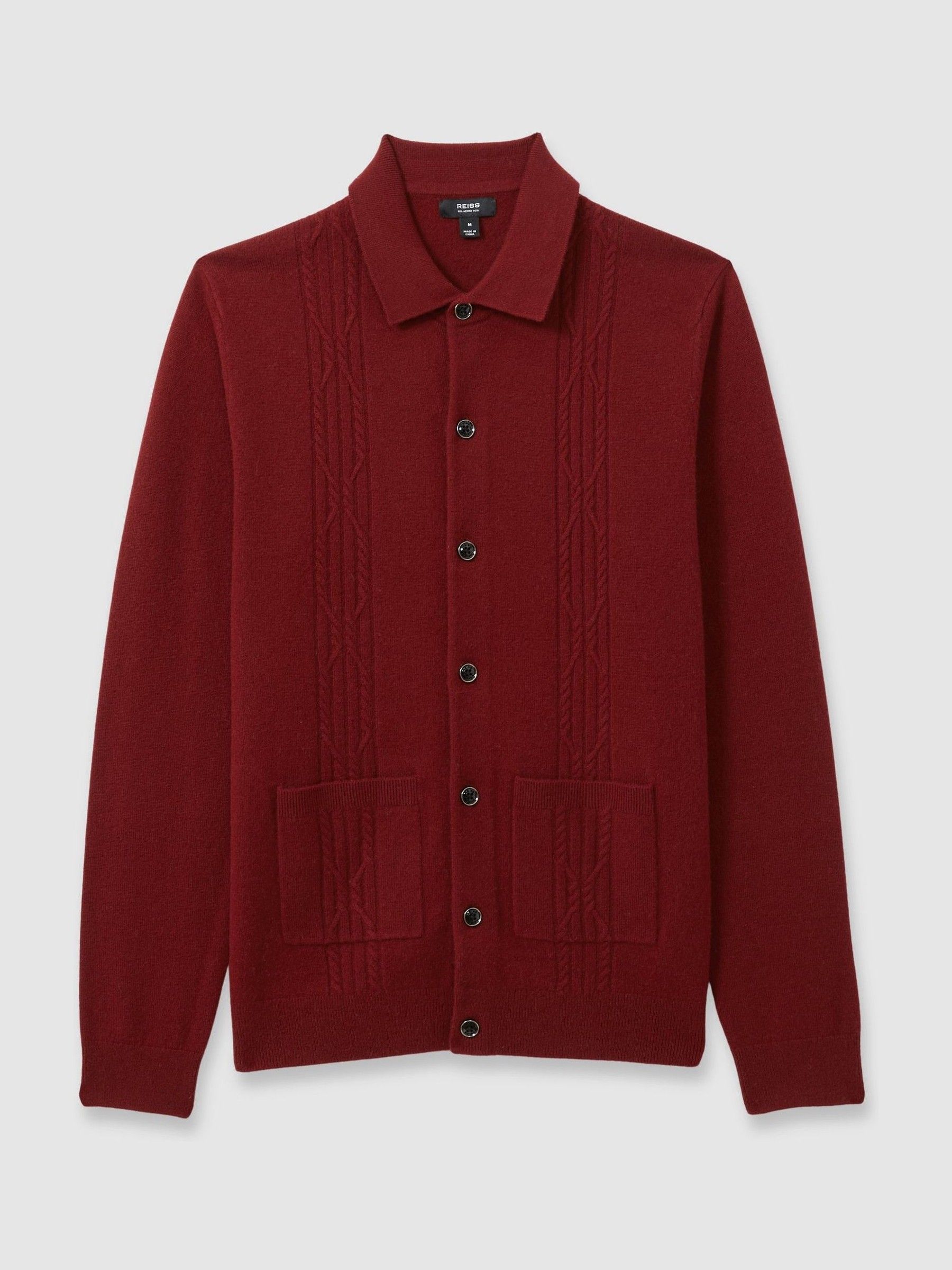 Wool Cabled-Knitted Cardigan in Red - Image 1 of 6 Wool Cabled-Knitted Cardigan in Red - Image 1 of 6