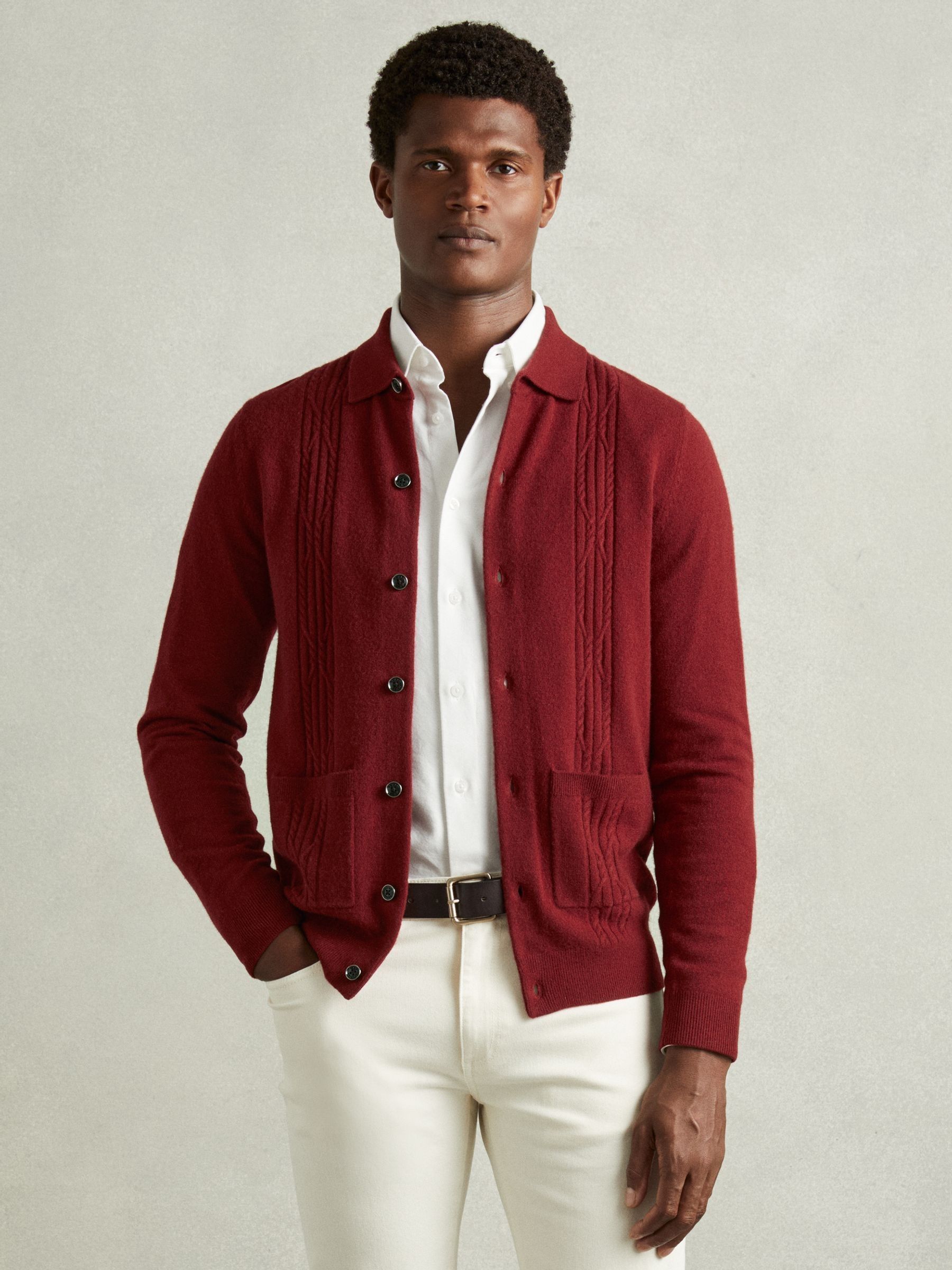 Wool Cabled-Knitted Cardigan in Red - Image 2 of 6