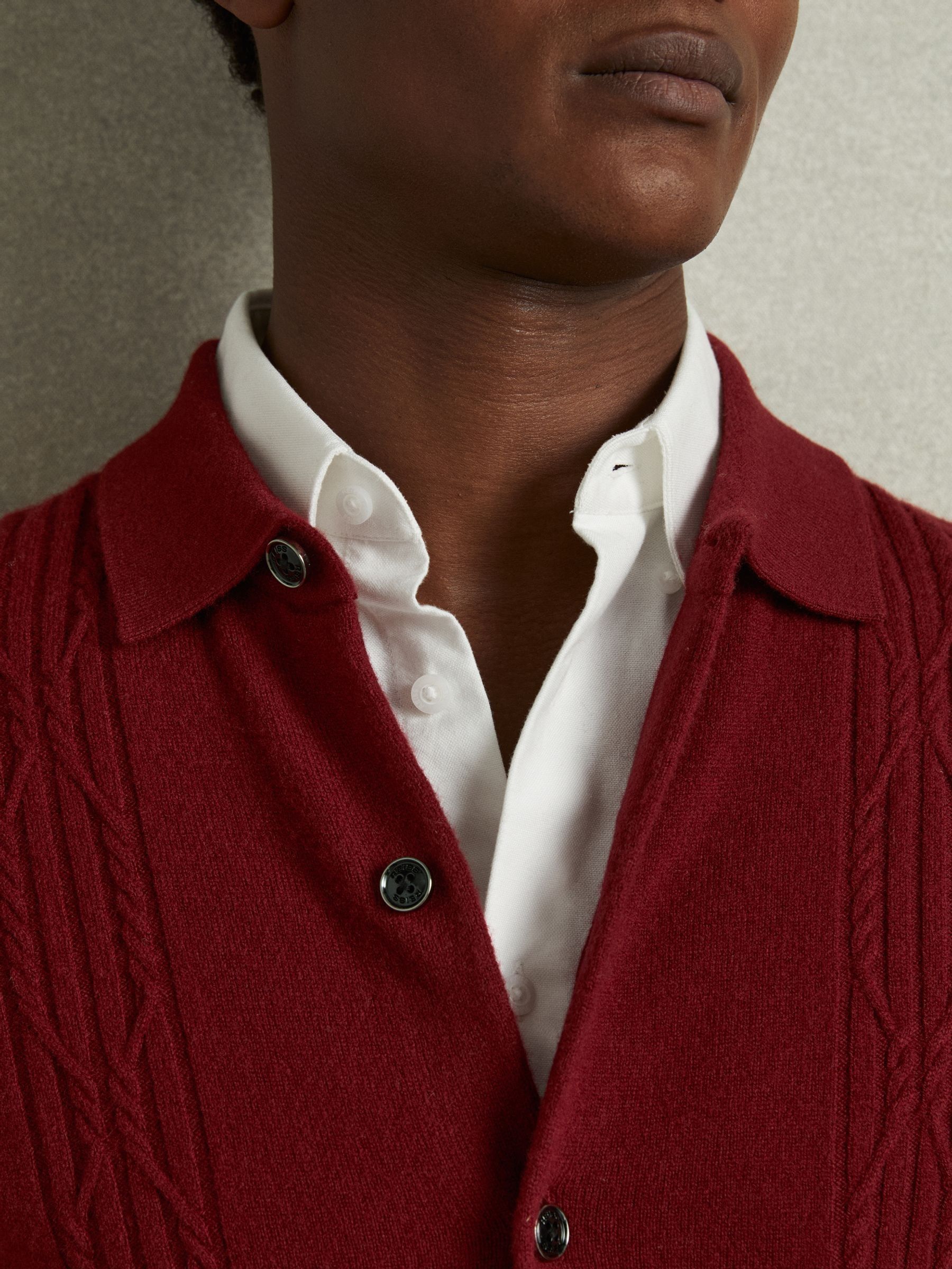 Wool Cabled-Knitted Cardigan in Red - Image 3 of 6