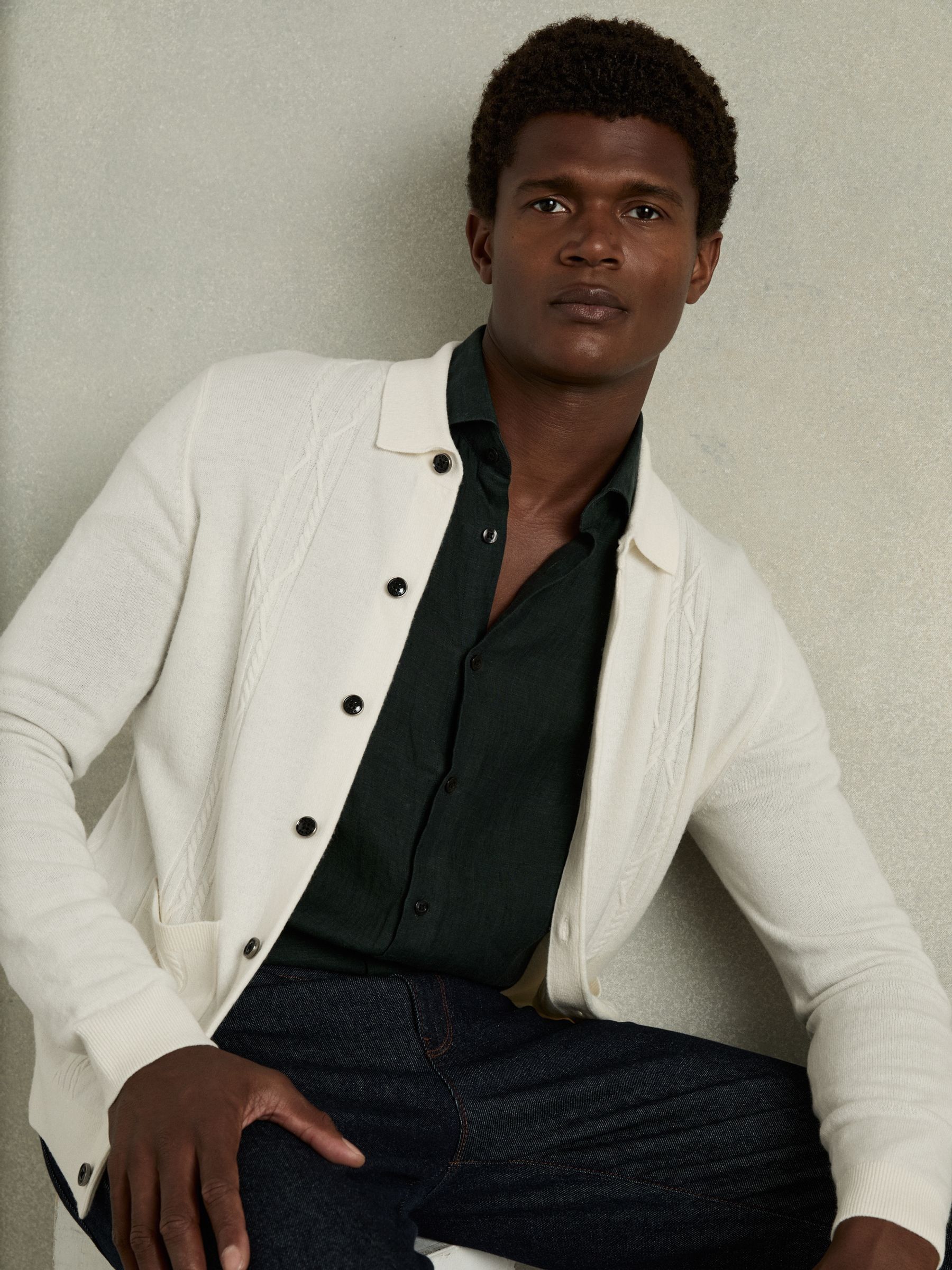 Wool Cabled-Knitted Cardigan in White - Image 1 of 6