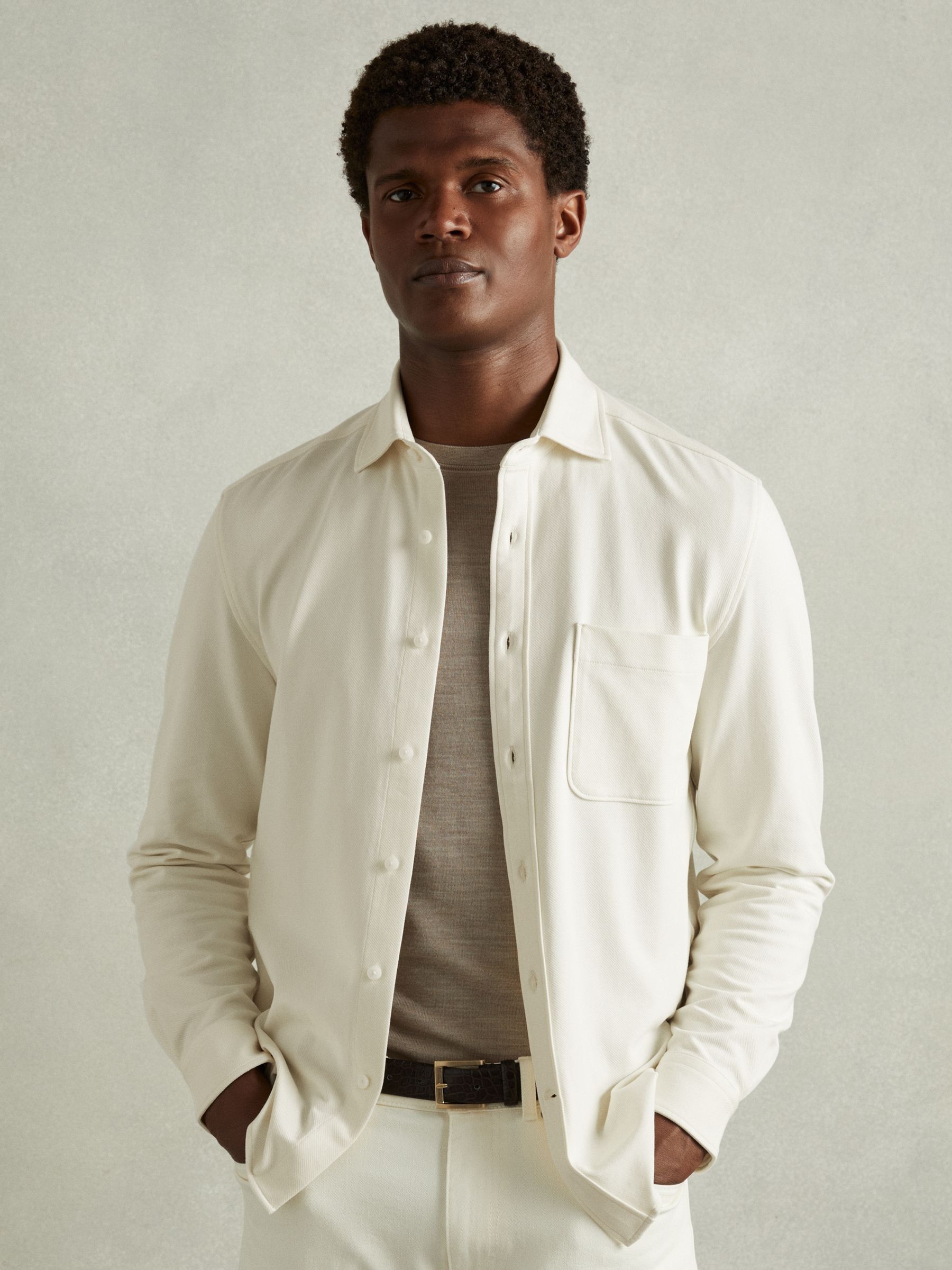 Cotton Blend Twill Overshirt in Off White - Image 3 of 6