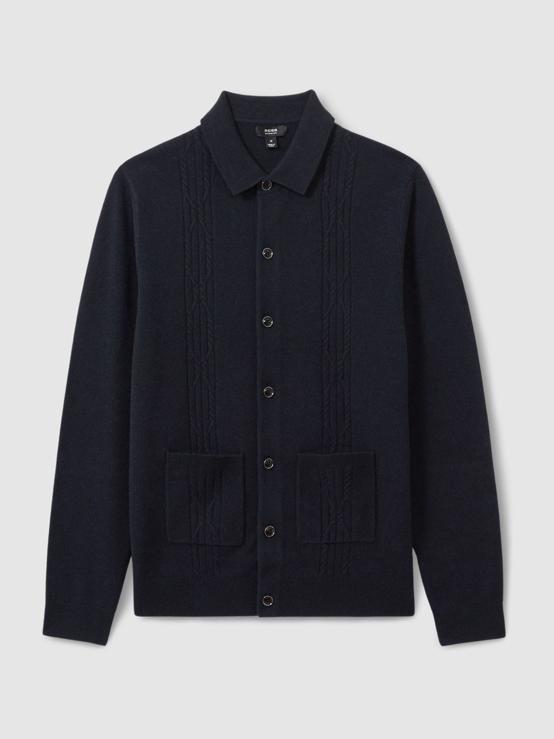 Wool Cabled-Knitted Cardigan in Navy - Image 2 of 5