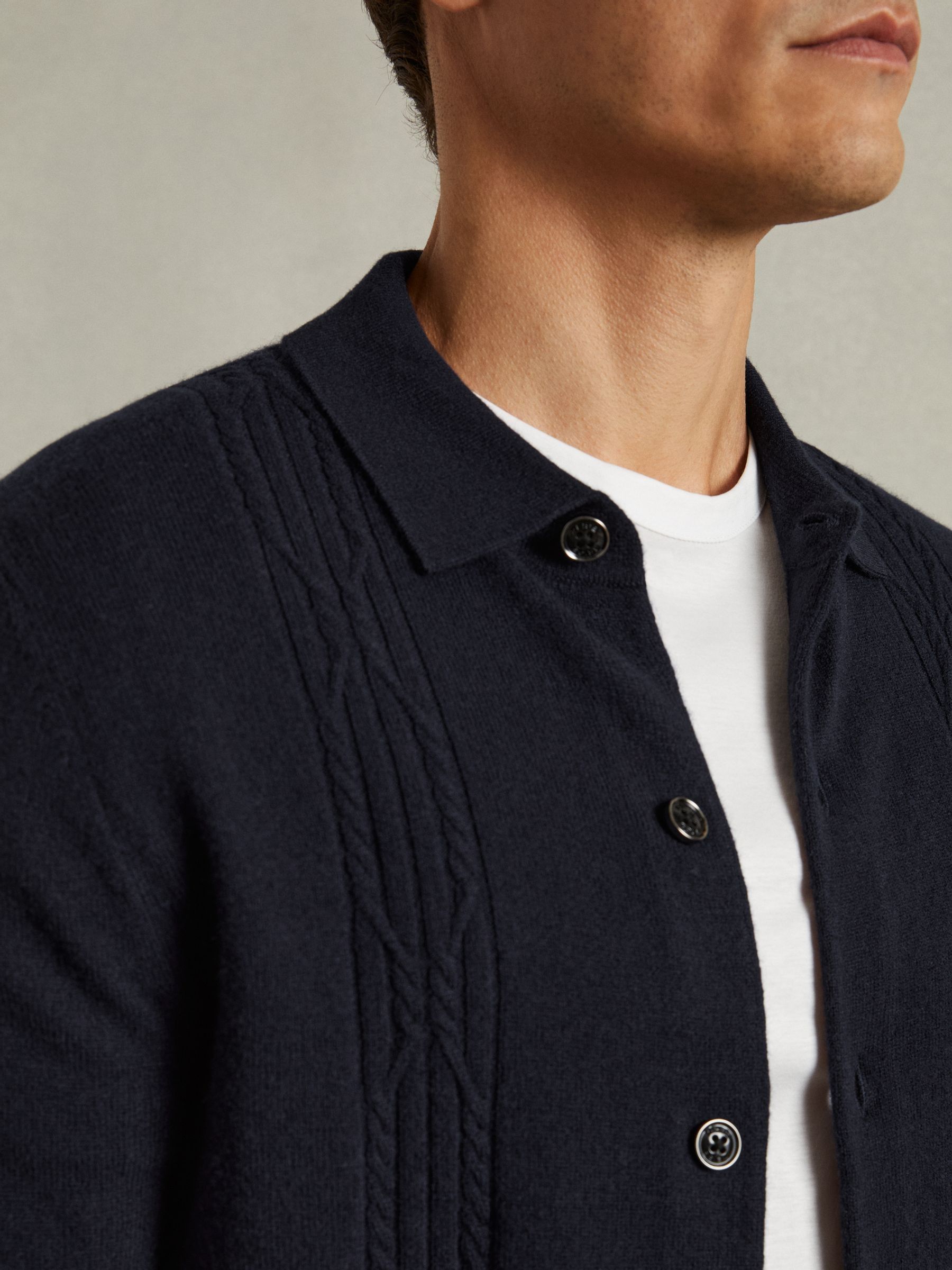 Wool Cabled-Knitted Cardigan in Navy - Image 3 of 5