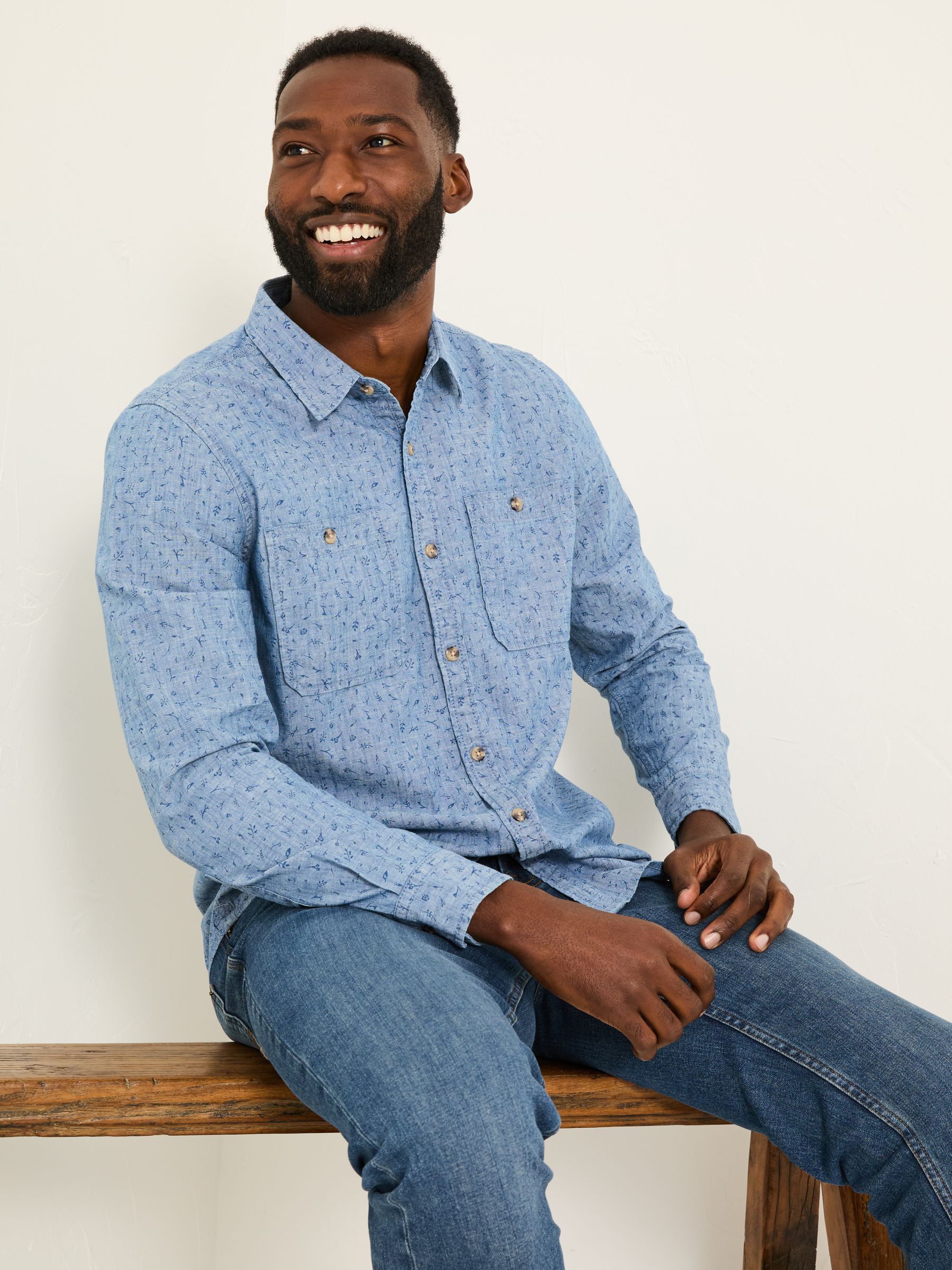 Chambray Blue Leaf Print Long Sleeve Shirt - Image 3 of 6