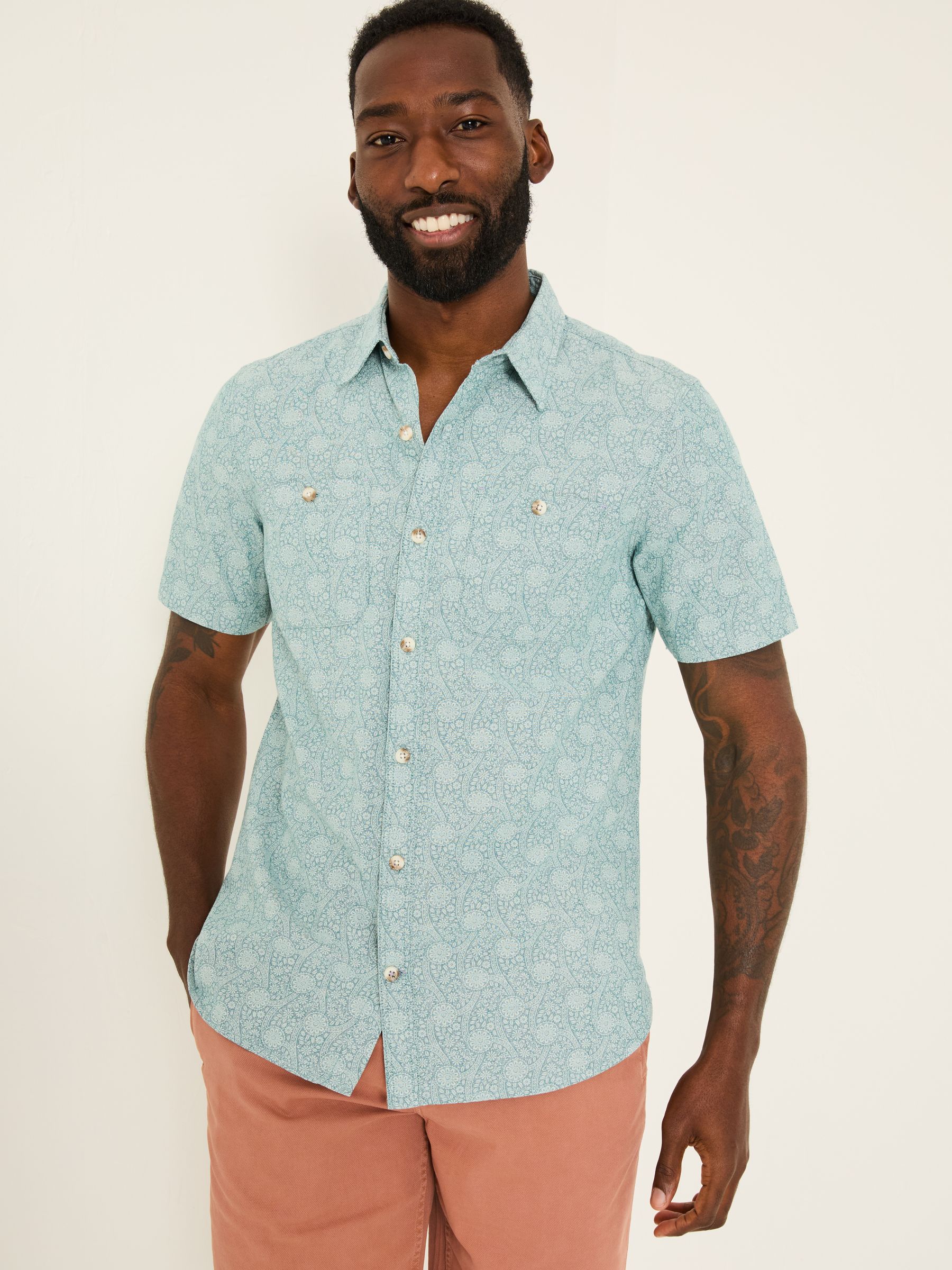 Pale Blue Short Sleeve Tile Print Shirt - Image 1 of 5