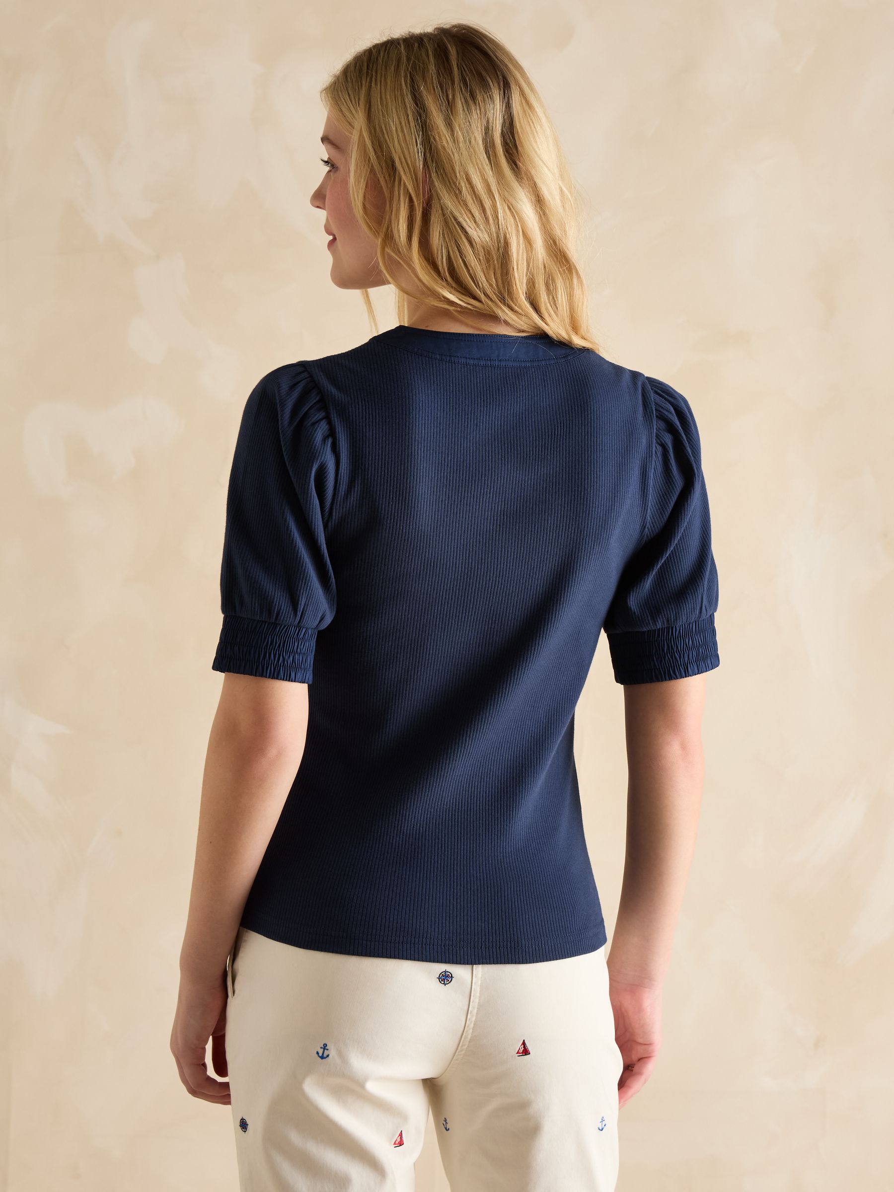 Tabitha Navy Ribbed V-Neck Top With Puff Sleeves - Image 2 of 6