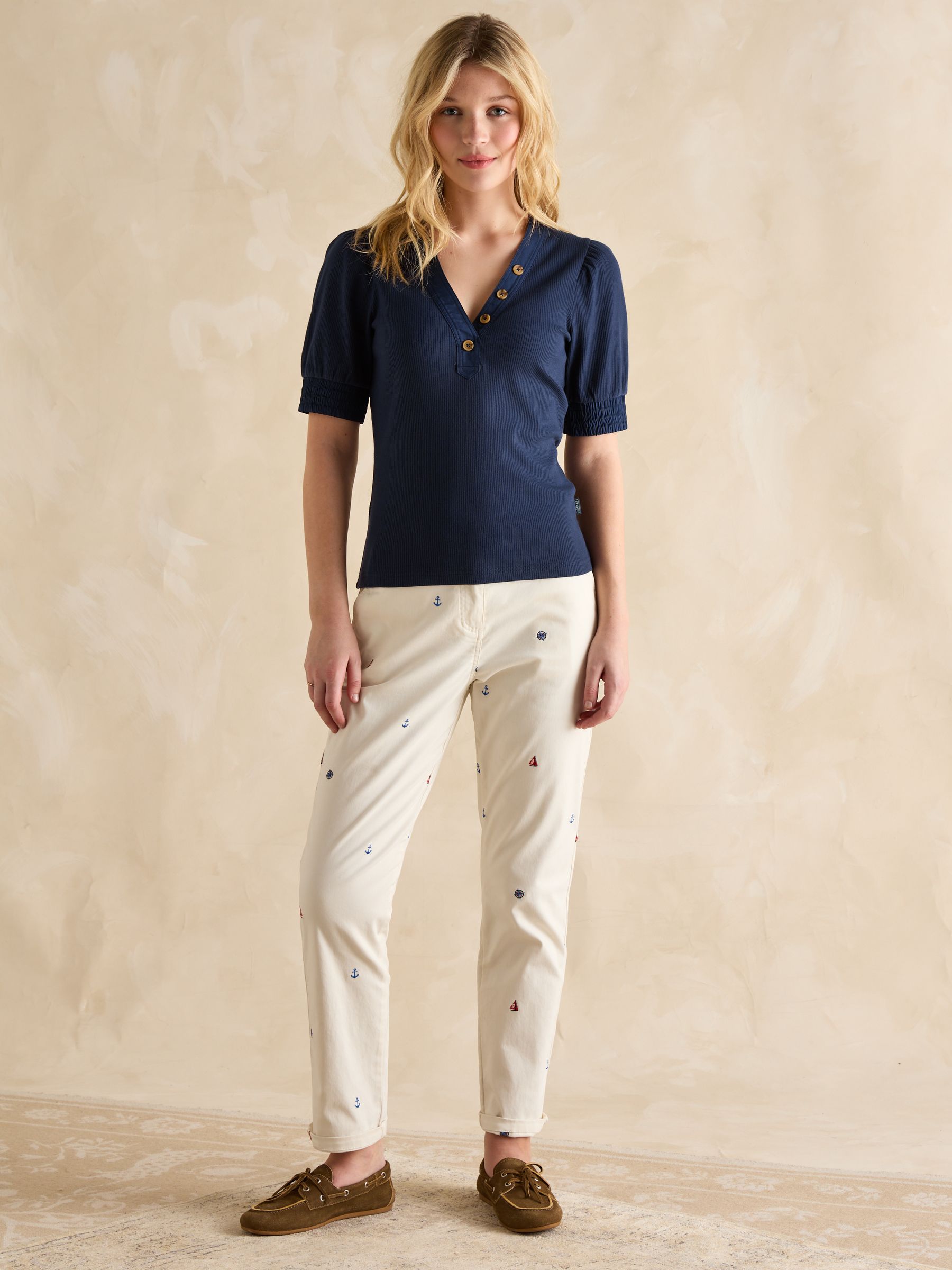 Tabitha Navy Ribbed V-Neck Top With Puff Sleeves - Image 3 of 6