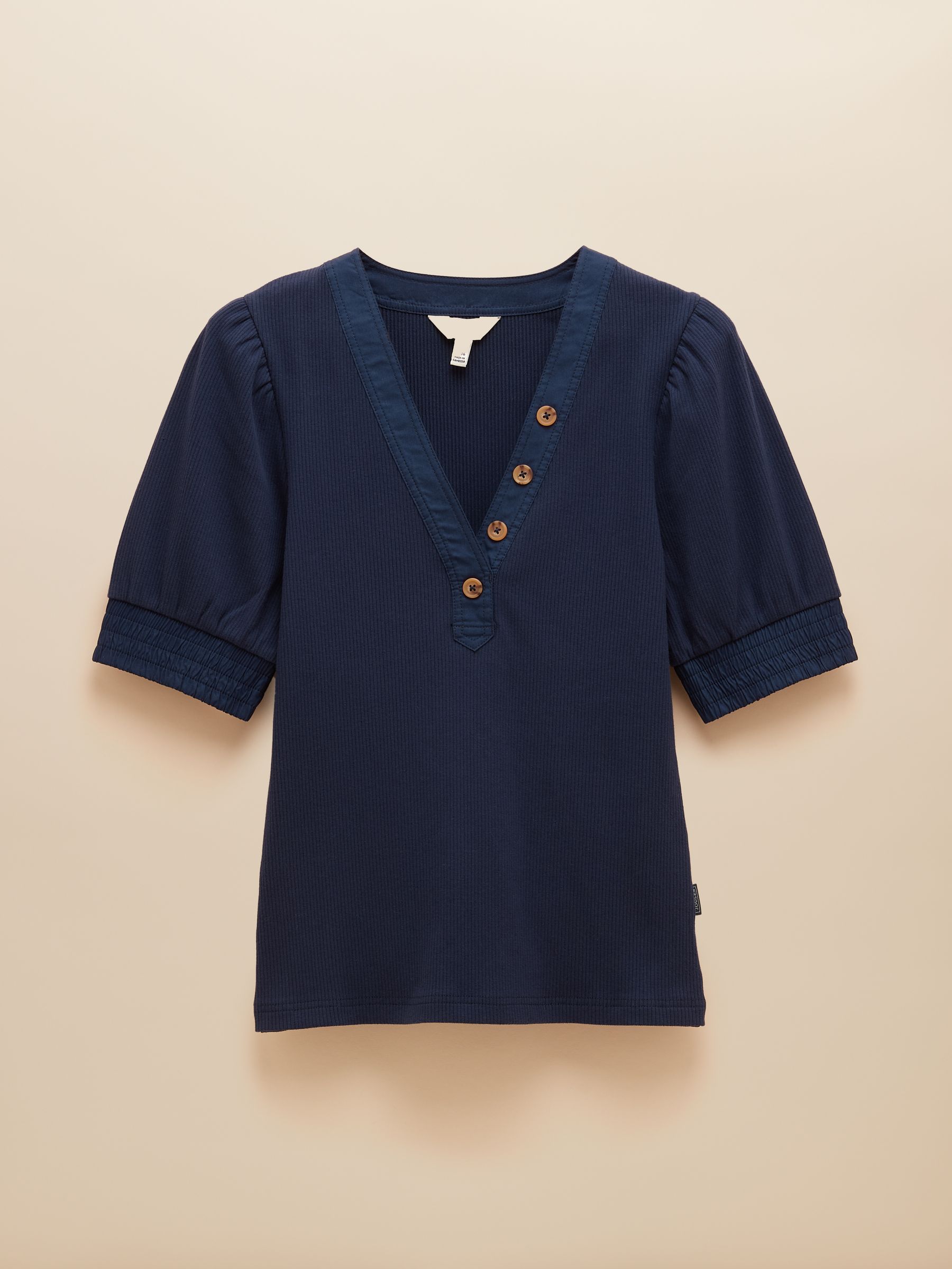 Tabitha Navy Ribbed V-Neck Top With Puff Sleeves - Image 6 of 6